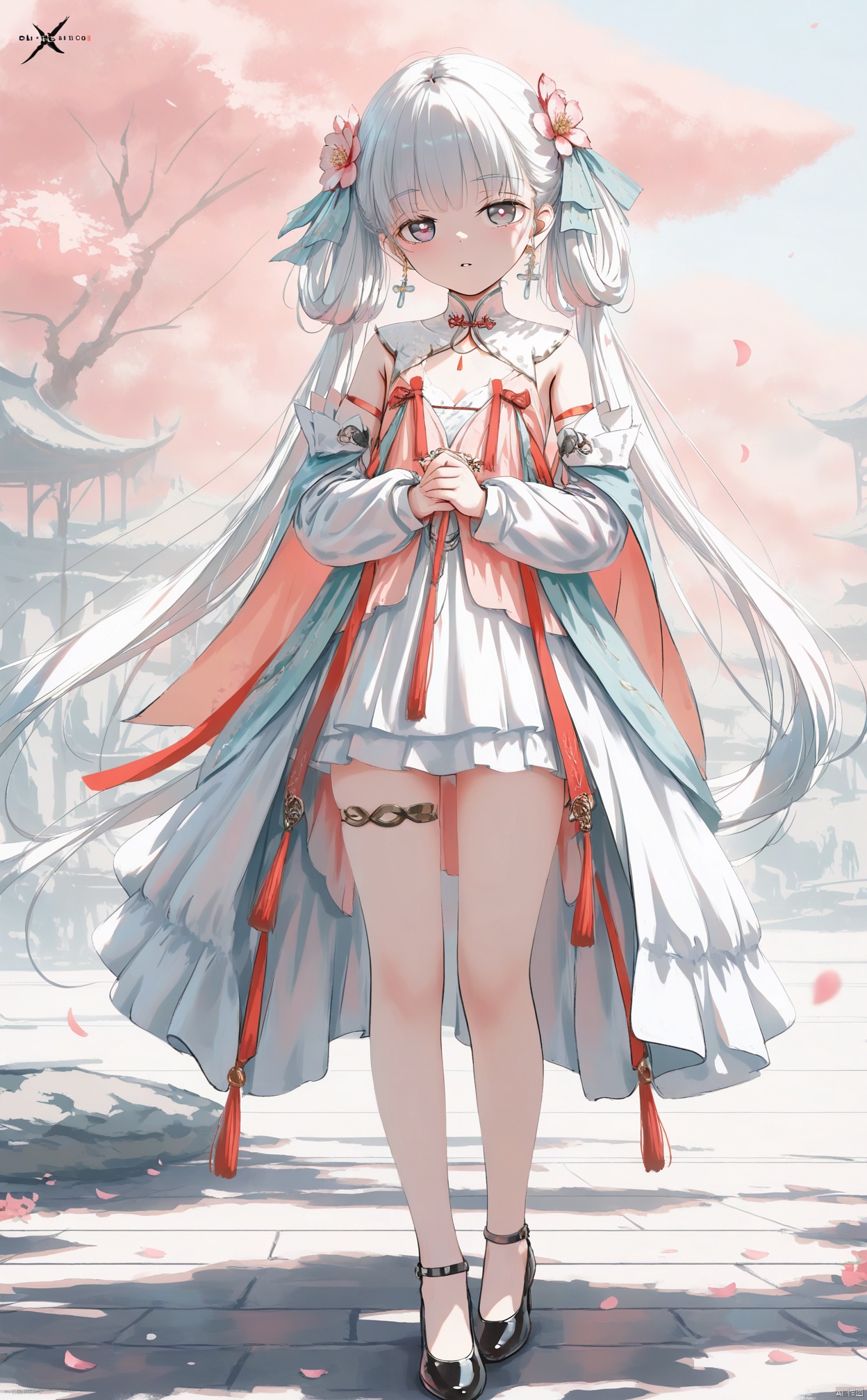 masterpiece,best quality,high quality,loli,chromatic aberration,fair_skin,artist: wlop,artist:chen_bin,[[artist:ke-ta]],artist: hitenkei,good work, (best quality), illustration, depth of field, (color),masterpiece,best quality,petite,cute,loli, kawaii,1girl, solo, long hair, looking at viewer, bangs, hair ornament, long sleeves, dress, ribbon, bare shoulders, twintails, very long hair, standing, full body, flower, white hair, parted lips, hair flower, high heels, petals, thigh strap, chinese clothes, tassel,jinhsi