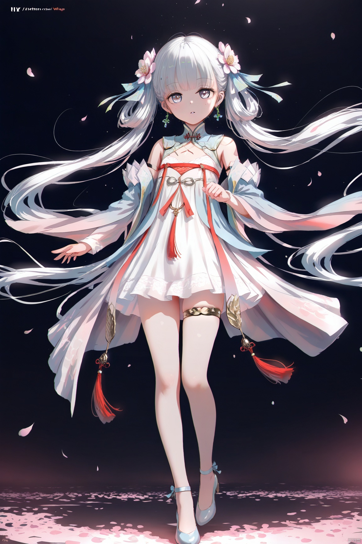masterpiece,best quality,high quality,loli,chromatic aberration,fair_skin,artist: wlop,artist:chen_bin,[[artist:ke-ta]],artist: hitenkei,good work, (best quality), illustration, depth of field, (color),masterpiece,best quality,petite,cute,loli, kawaii,,1girl, solo, long hair, looking at viewer, bangs, hair ornament, long sleeves, dress, ribbon, bare shoulders, twintails, very long hair, standing, full body, flower, white hair, parted lips, hair flower, high heels, petals, thigh strap, chinese clothes, tassel,jinhsi,loli