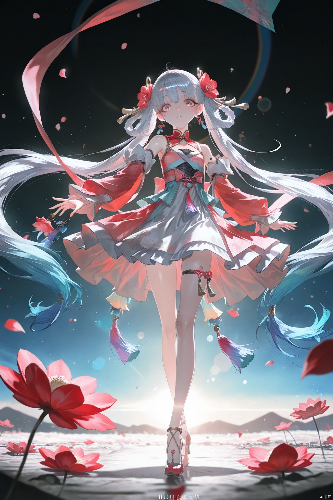  loli,1girl, solo, long hair, looking at viewer, bangs, hair ornament, long sleeves, dress, ribbon, bare shoulders, twintails, very long hair, standing, full body, flower, white hair, parted lips, hair flower, high heels, petals, thigh strap, chinese clothes, tassel,jinhsi,backlighting,depth of field,cinematic lighting,light particles,lens flare, (artist:quasarcake:0.8),extreme aesthetic,(wlop:0.6),honjou honjou raita,lack,rella,wanke, raita,lack,rella,wanke,masterpiece,best quality,good quality,newest,year 2024,year 2023,very aesthetic,absurdres,Visual impact,A shot with tension, ultra-high resolution,32K UHD,sharp focus,best quality,masterpiece,Emotionalization,unconventional supreme masterpiece,masterful details,temperate atmosphere,with a high end texture,in the style of fashion photography, (Visual impact:1.2),giving the poster a dynamic and visually striking appearance,impactful picture,offcial art,colorful,splash of color,movie perspective, masterpiece,best quality,amazing quality,very aesthetic,absurdres,best quality,newest,crossed legs,as ghost mode,gylm