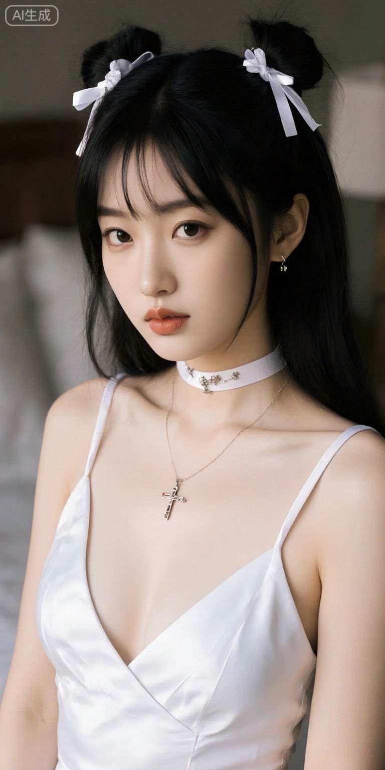 1girl, solo, long hair, looking at viewer, black hair, dress, ribbon, bare shoulders, twintails, jewelry, standing, hair ribbon, earrings, parted lips, choker, indoors, necklace, hair bun, white dress, blurry, double bun, bed, blurry background, cross, white ribbon, realistic, white choker