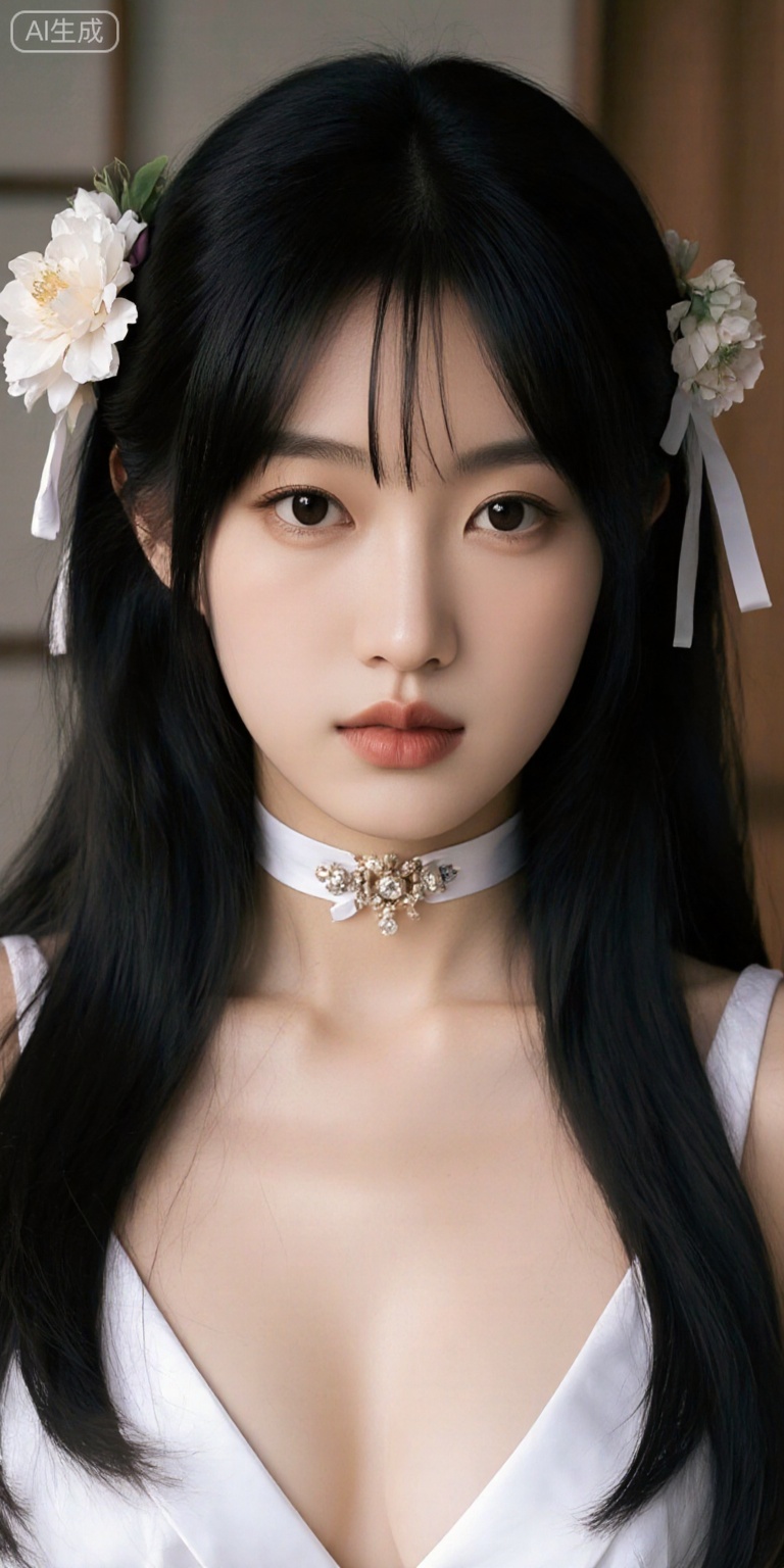 1girl, solo, long hair, breasts, looking at viewer, bangs, black hair, hair ornament, dress, ribbon, cleavage, bare shoulders, twintails, jewelry, hair ribbon, upper body, flower, small breasts, parted lips, choker, indoors, hair flower, necklace, white dress, black eyes, lips, white ribbon, realistic, white choker, photo background