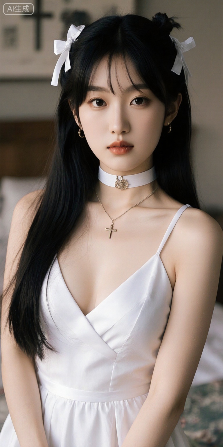 1girl, solo, long hair, looking at viewer, black hair, dress, ribbon, bare shoulders, twintails, jewelry, standing, hair ribbon, earrings, parted lips, choker, indoors, necklace, hair bun, white dress, blurry, double bun, bed, blurry background, cross, white ribbon, realistic, white choker
