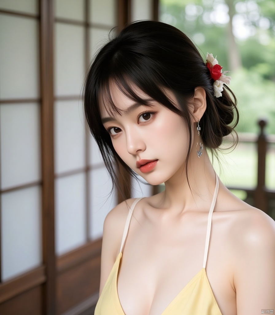 1girl, solo, breasts, looking at viewer, short hair, black hair, hair ornament, dress, bare shoulders, jewelry, sitting, collarbone, earrings, outdoors, day, hair bun, blurry, lips, blurry background, facial mark, forehead mark, realistic, yellow dress