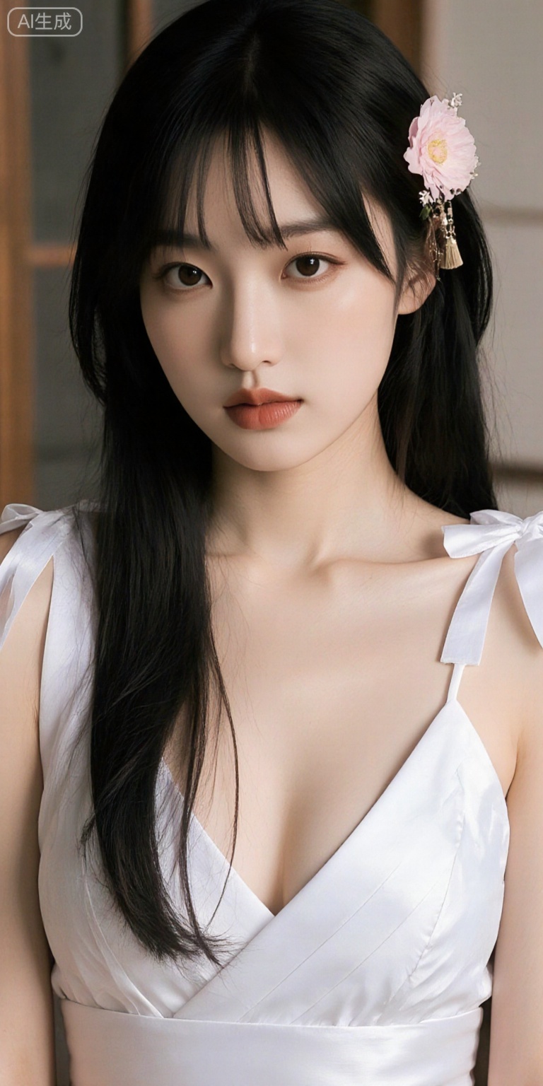 1girl, solo, long hair, breasts, looking at viewer, bangs, black hair, hair ornament, dress, ribbon, cleavage, bare shoulders, twintails, jewelry, hair ribbon, upper body, flower, small breasts, parted lips, choker, indoors, hair flower, necklace, white dress, black eyes, lips, white ribbon, realistic, white choker, photo background