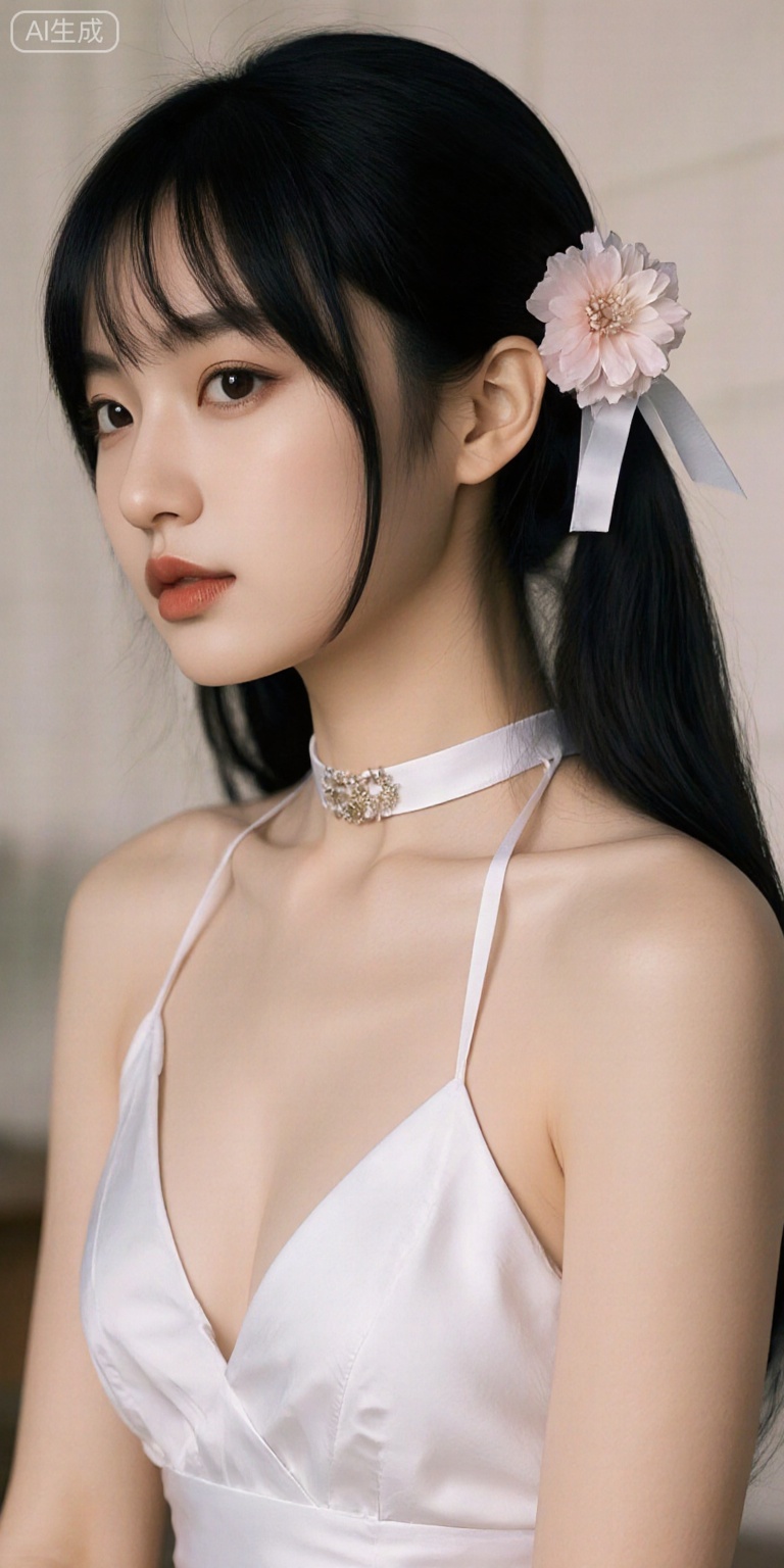 1girl, solo, long hair, breasts, looking at viewer, bangs, black hair, hair ornament, dress, ribbon, cleavage, bare shoulders, twintails, jewelry, hair ribbon, upper body, flower, small breasts, parted lips, choker, indoors, hair flower, necklace, white dress, black eyes, lips, white ribbon, realistic, white choker, photo background