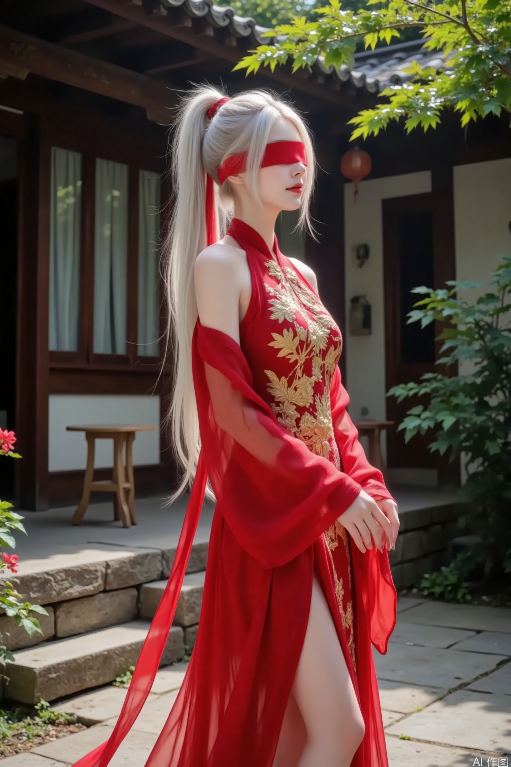 In the ancient courtyard with dappled sunshine, a white haired girl stands quietly. She was dressed in a bright and fiery Hanfu, with exquisite embroidery and flowing skirt, showcasing the splendor of traditional clothing. High ponytail. Ribbon. Blindfold. Elegant and graceful. Tie a ribbon around your hair.
A delicate and soft ribbon gently covered her eyes, adding a touch of mystery and making her expression more calm and peaceful. A gentle breeze caresses her hair and clothes, and the fragrance of flowers and plants lingers around her, creating a dreamlike scene that perfectly blends classical and mysterious elements.