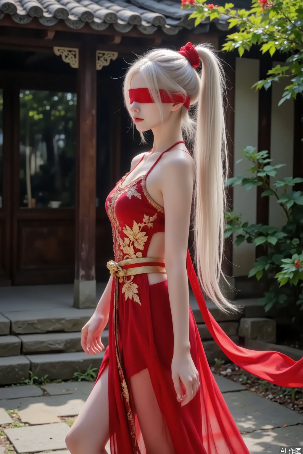 In the ancient courtyard with dappled sunshine, a white haired girl stands quietly. She was dressed in a bright and fiery Hanfu, with exquisite embroidery and flowing skirt, showcasing the splendor of traditional clothing. High ponytail. Ribbon. Blindfold. Elegant and graceful. Tie a ribbon around your hair.
A delicate and soft ribbon gently covered her eyes, adding a touch of mystery and making her expression more calm and peaceful. A gentle breeze caresses her hair and clothes, and the fragrance of flowers and plants lingers around her, creating a dreamlike scene that perfectly blends classical and mysterious elements.