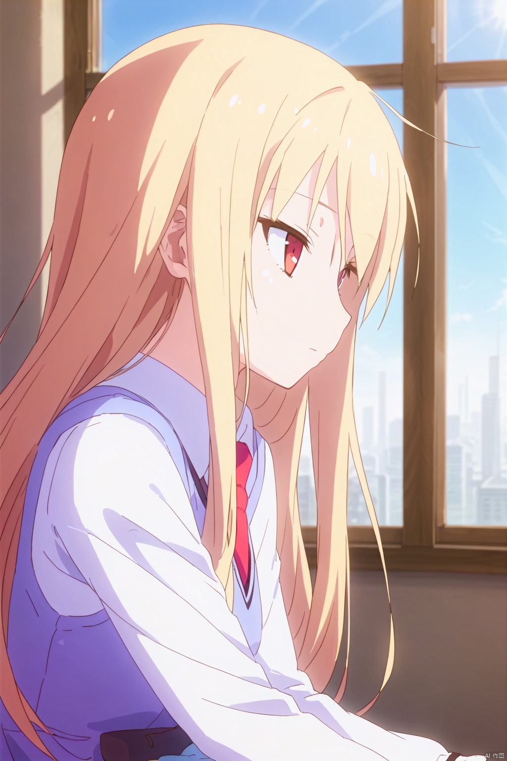 1girl,solo,long hair,blonde hair,shirt,red eyes,red necktie,school uniform,expressionless eyes,expressionless,head tilt,on the bed,Indoor,Window,city,Sunshine,sit,profile,yokozuwari, frills socks,Purple skirt