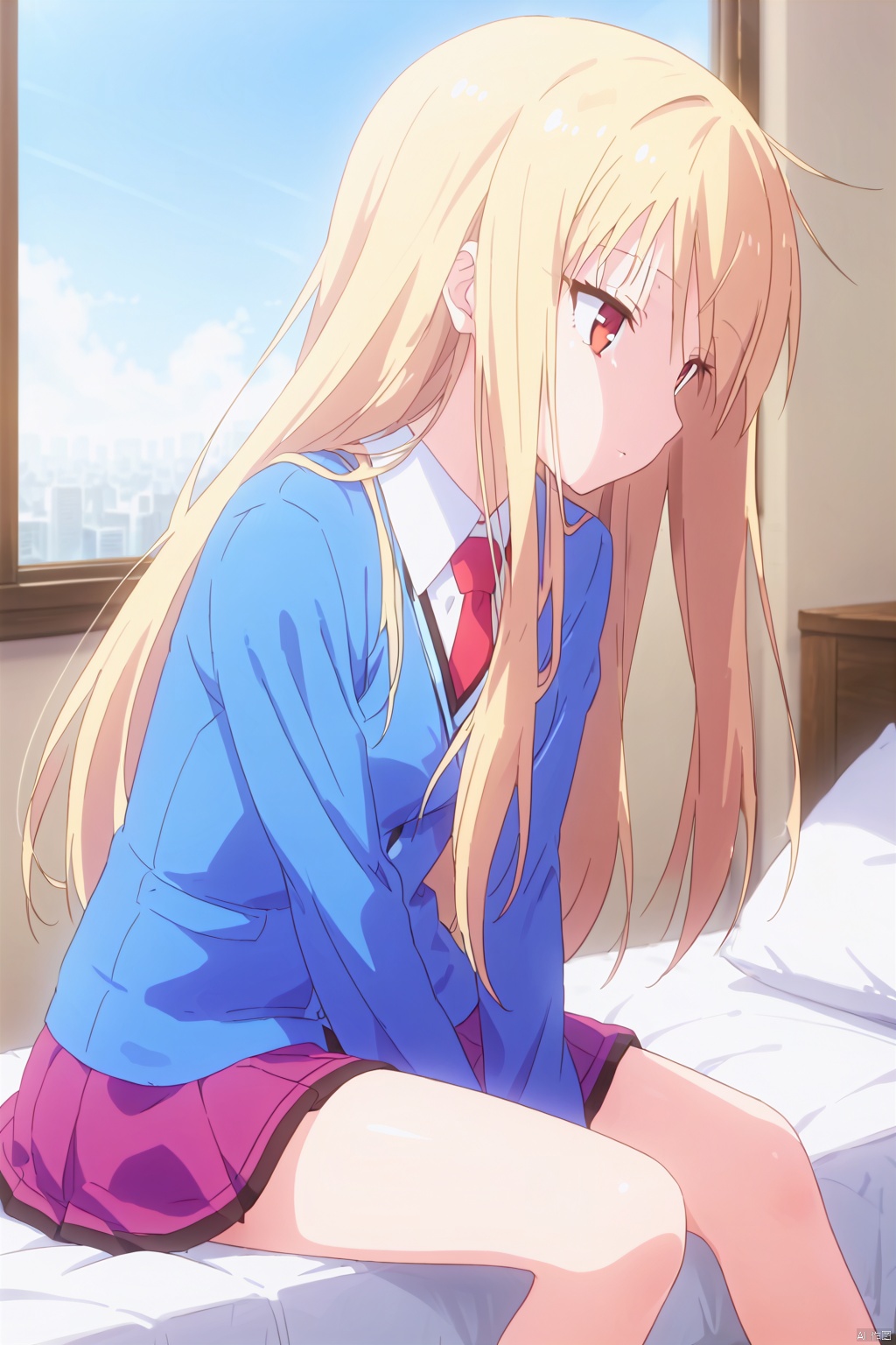 1girl,solo,long hair,blonde hair,shirt,red eyes,red necktie,school uniform,expressionless eyes,expressionless,head tilt,on the bed,Indoor,Window,city,Sunshine,sit,profile,yokozuwari, Purple skirt,between legs