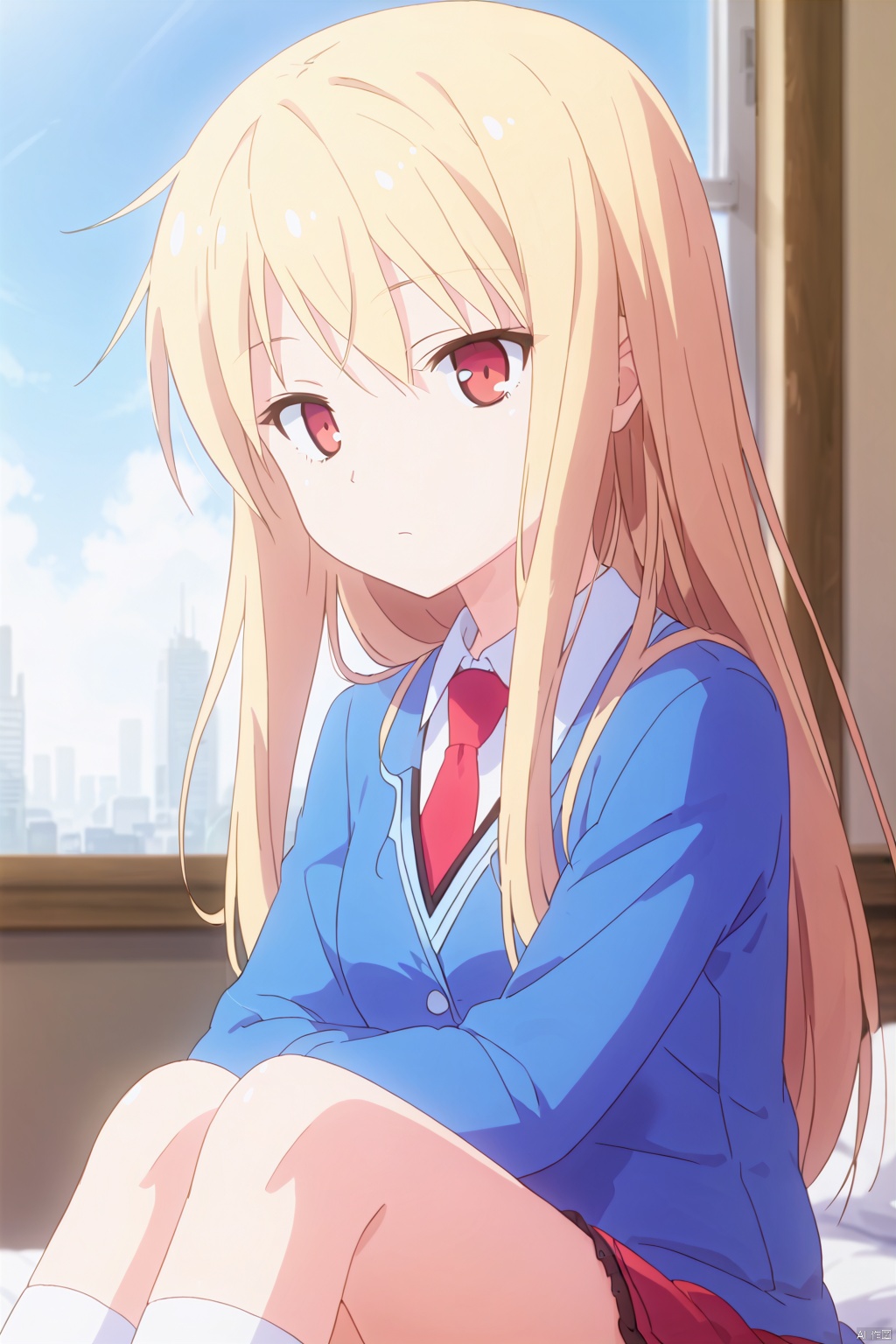 1girl,solo,long hair,blonde hair,shirt,red eyes,red necktie,school uniform,expressionless eyes,expressionless,head tilt,on the bed,Indoor,Window,city,Sunshine,sit,profile,yokozuwari, frills socks