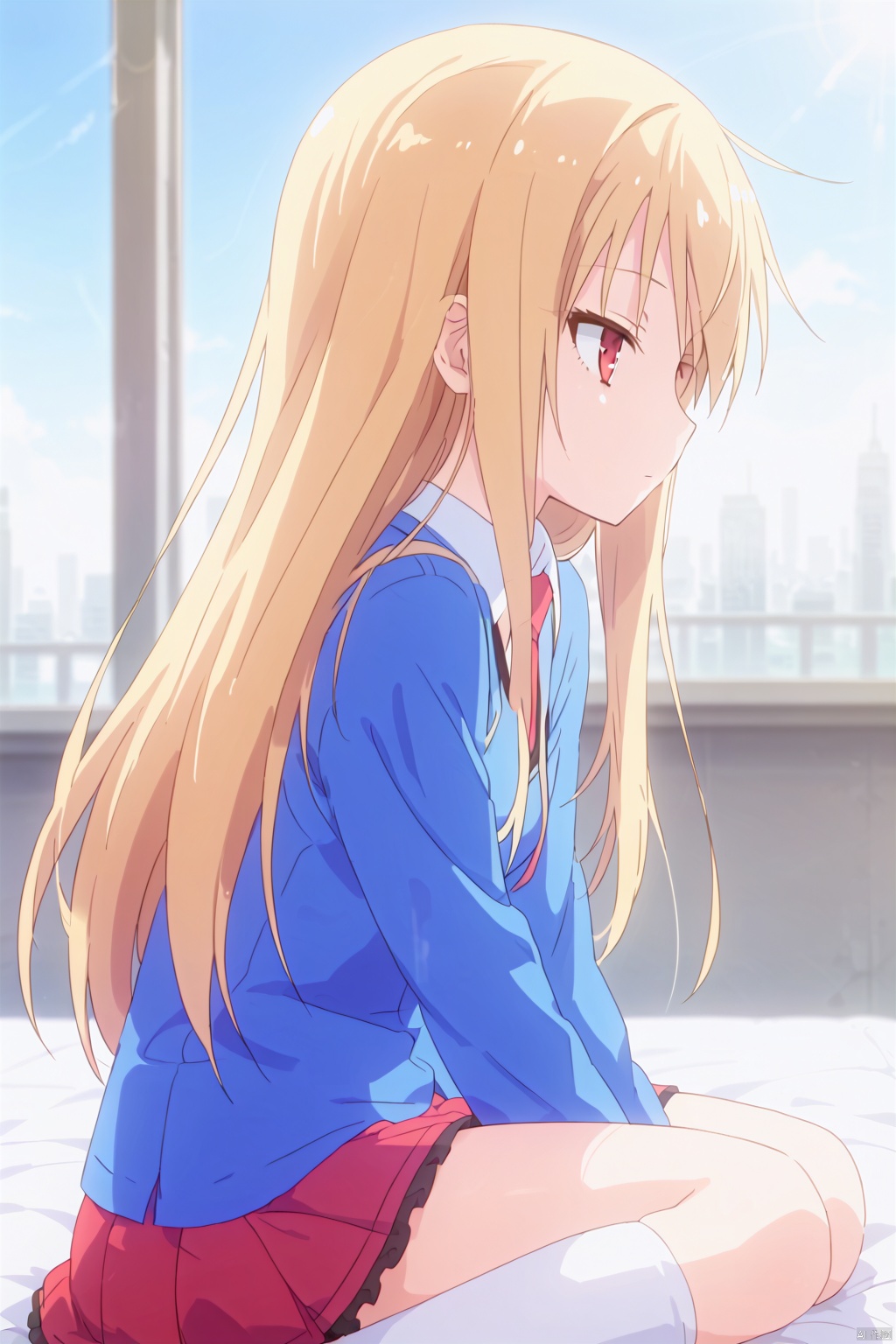 1girl,solo,long hair,blonde hair,shirt,red eyes,red necktie,school uniform,expressionless eyes,expressionless,head tilt,on the bed,Indoor,Window,city,Sunshine,sit,profile,yokozuwari, frills socks