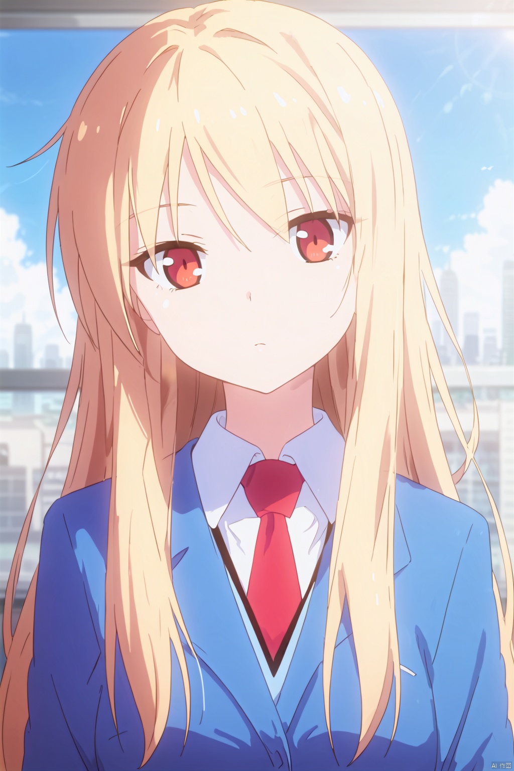 1girl,solo,long hair,blonde hair,shirt,red eyes,red necktie,school uniform,expressionless eyes,expressionless,head tilt,on the bed,Indoor,Window,city,Sunshine,