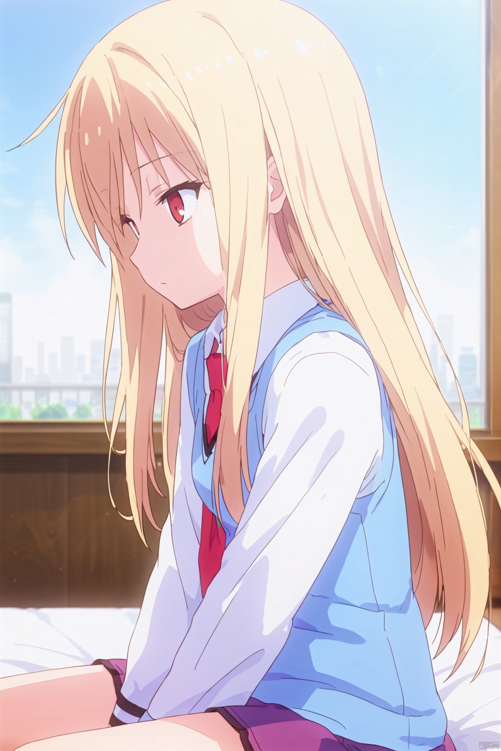 1girl,solo,long hair,blonde hair,shirt,red eyes,red necktie,school uniform,expressionless eyes,expressionless,head tilt,on the bed,Indoor,Window,city,Sunshine,sit,profile,yokozuwari, Purple skirt,between legs