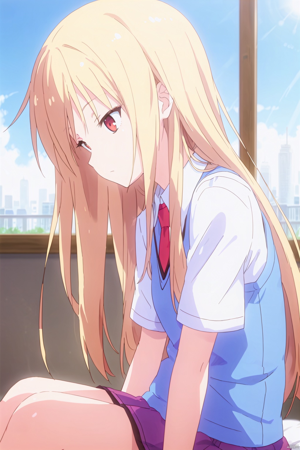 1girl,solo,long hair,blonde hair,shirt,red eyes,red necktie,school uniform,expressionless eyes,expressionless,head tilt,on the bed,Indoor,Window,city,Sunshine,sit,profile,yokozuwari, Purple skirt,between legs