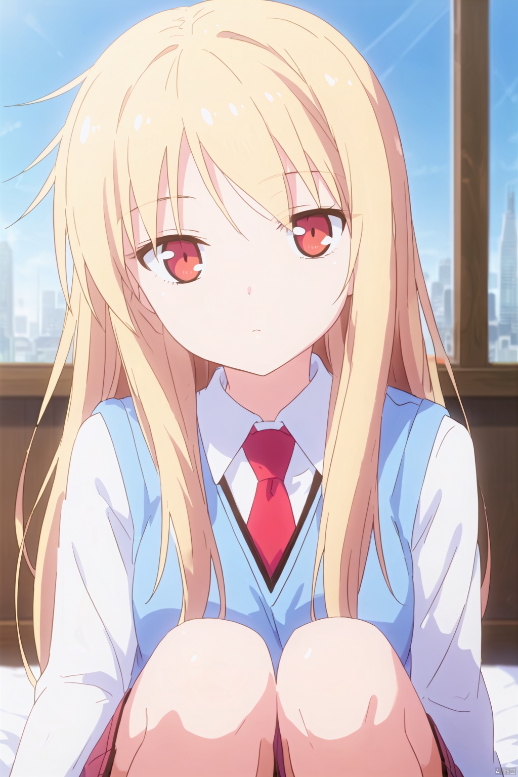 1girl,solo,long hair,blonde hair,shirt,red eyes,red necktie,school uniform,expressionless eyes,expressionless,head tilt,on the bed,Indoor,Window,city,Sunshine,sit