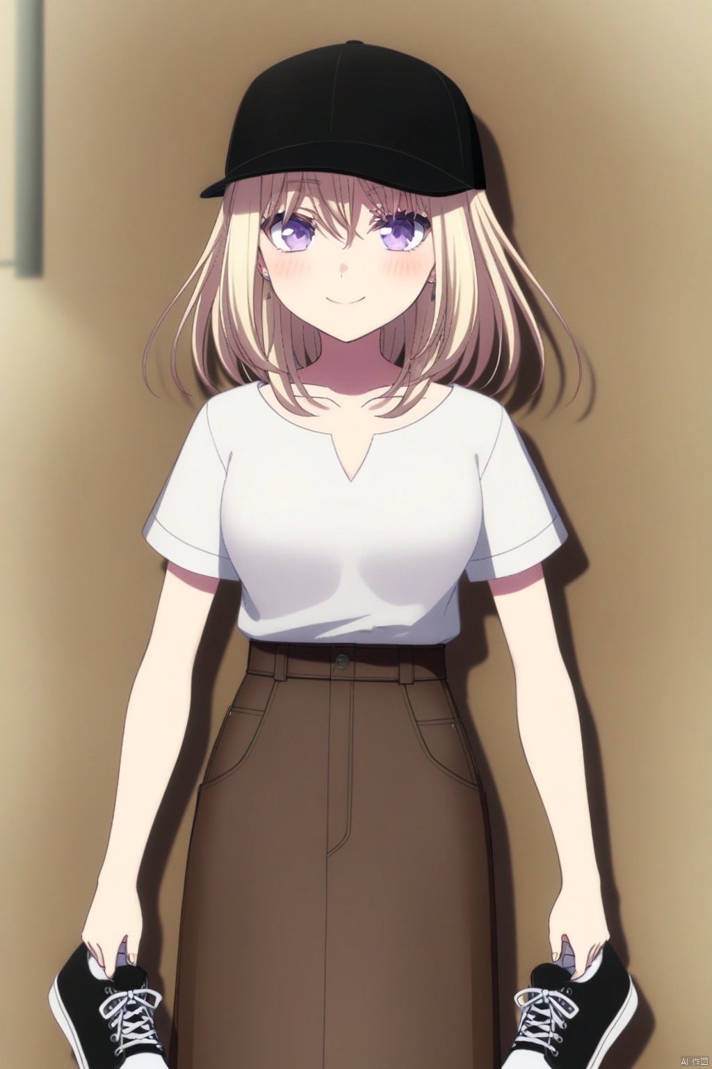 Misumi Uika,blonde hair bangs,purple eyes,smile,medium hair,hair between eyes
skirt,shirt,hat,white shirt,short sleeves,shoes,socks,black footwear,black headwear,white socks,casual,sneakers,baseball cap,long skirt,brown skirt,shirt tucked in,medium skirt