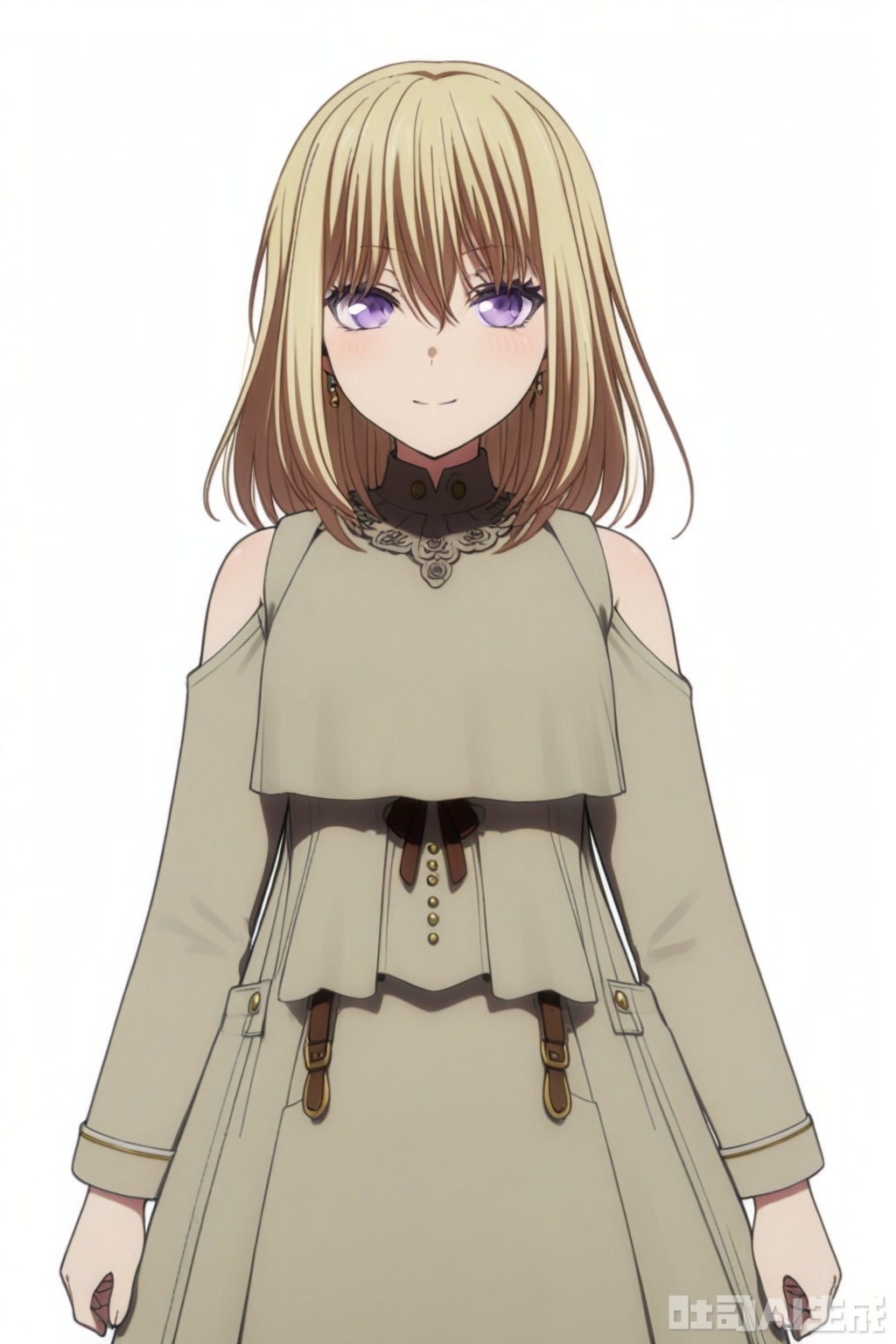 masterpiece, best quality,solo,((white background:1.2)),simple background,
looking at viewer,Misumi Uika,blonde hair bangs,purple eyes,smile,medium hair,hair between eyes
