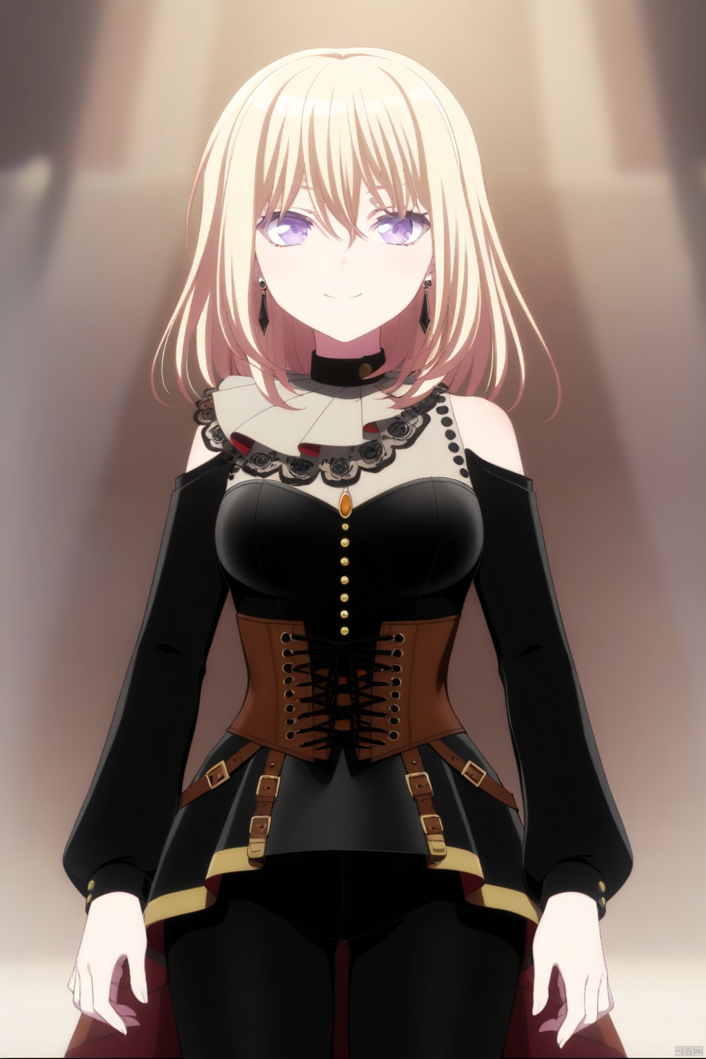 Misumi Uika,blonde hair bangs,purple eyes,smile,medium hair,hair between eyes
long sleeves, black shorts, black dress, dress,grey socks,kneehighs,black high heels, off shoulders, black pants, corset, choker, ascot,gold_trim, black earrings, jewelry,