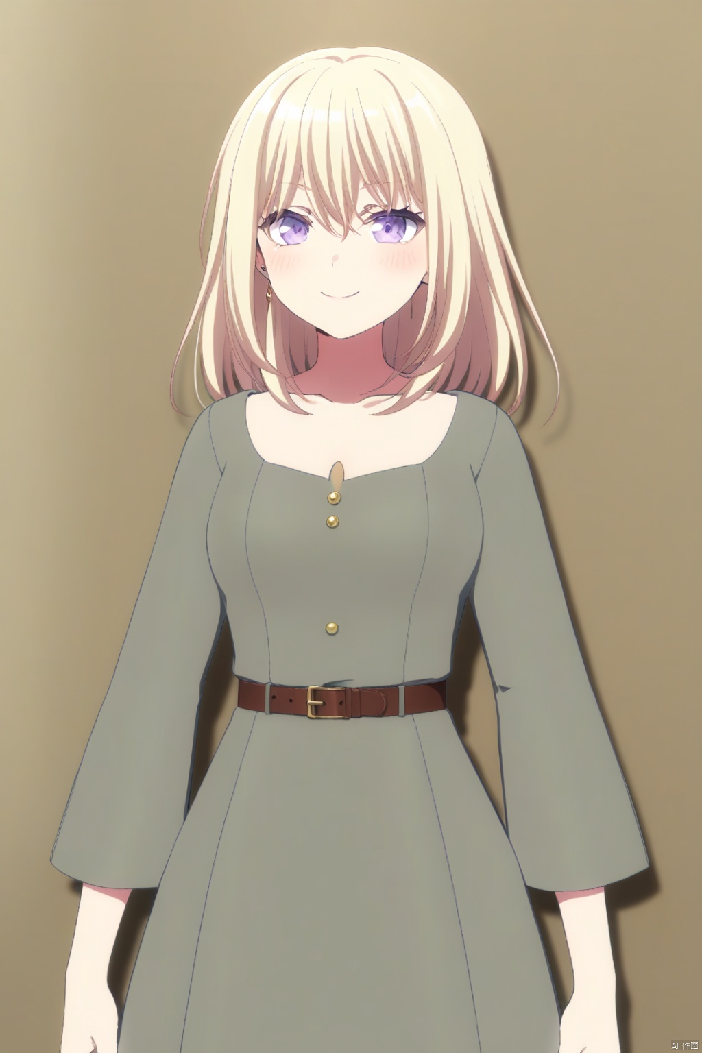 Misumi Uika,blonde hair bangs,purple eyes,smile,medium hair,hair between eyes