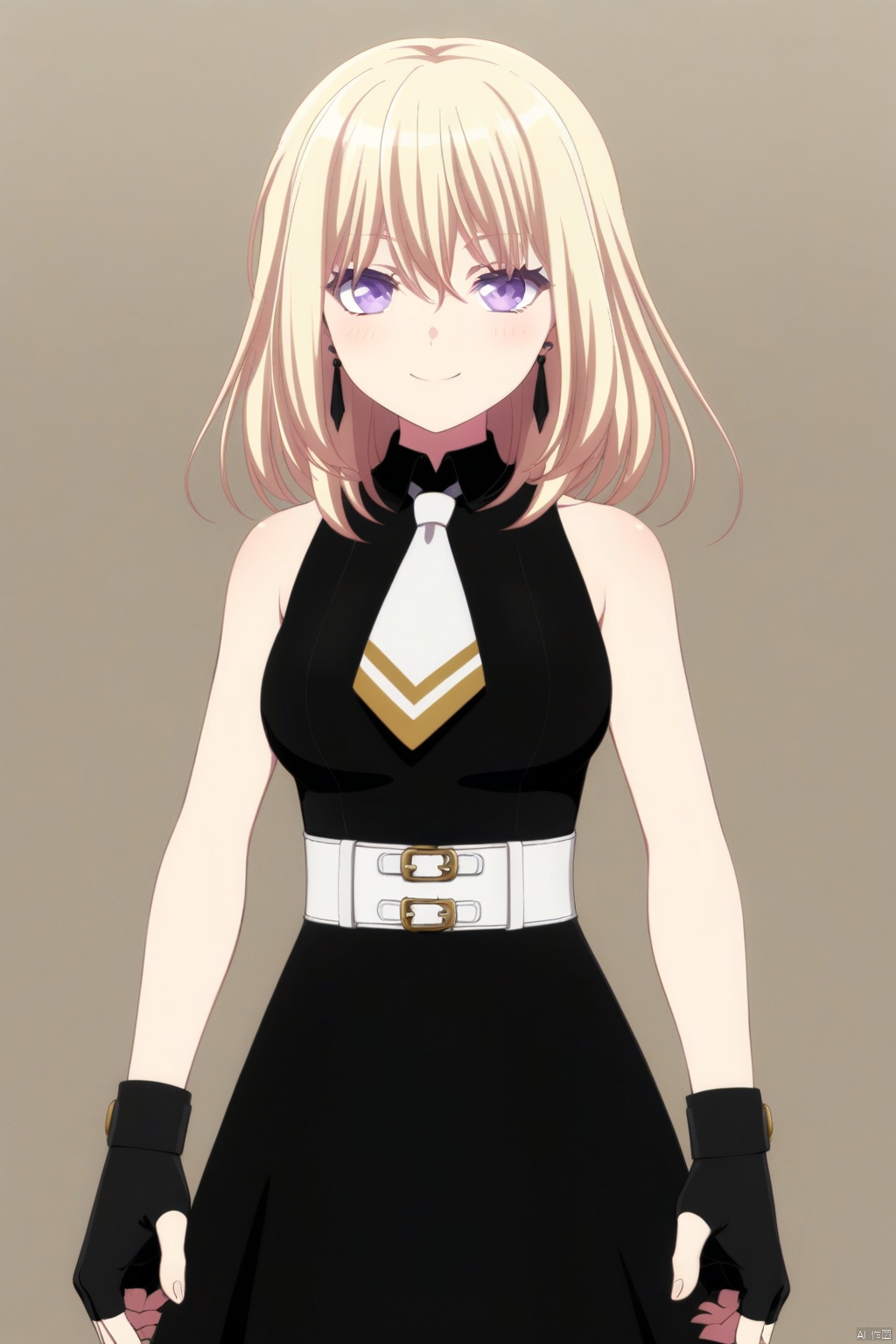 Misumi Uika,blonde hair bangs,purple eyes,smile,medium hair,hair between eyes
gloves,dress,bare shoulders,boots,necktie,sleeveless,black gloves,belt,fingerless gloves,black footwear,black dress,high heels,sleeveless dress,