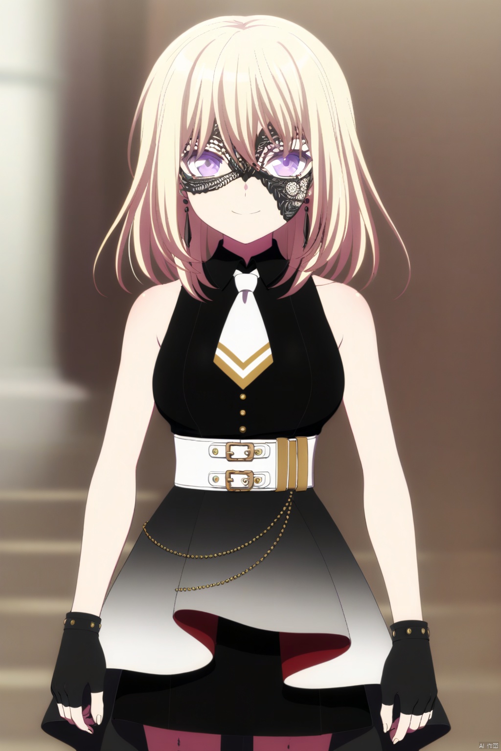 Misumi Uika,blonde hair bangs,purple eyes,smile,medium hair,hair between eyes
gloves,dress,bare shoulders,boots,necktie,sleeveless,black gloves,belt,fingerless gloves,black footwear,black dress,high heels,sleeveless dress,
