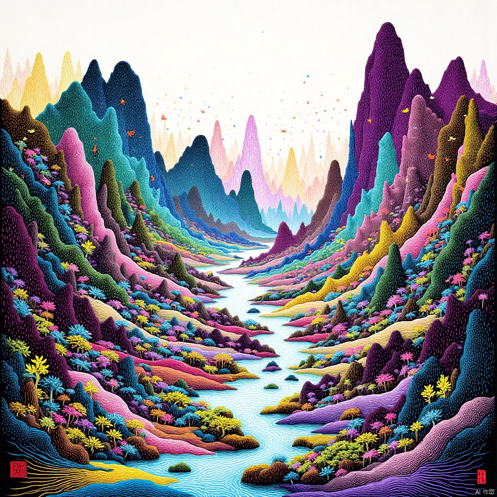 Chinese landscape painting,Lushan Mountain,artistic conception of mountains and waters,Zen aesthetics,Zen composition,architectural complex,clouds and mist,cliffs,pine trees,waterfalls,Giant animals,elk,looking up,rich lighting,high mountains,minimalism,ultimate details,unparalleled details,style by zhangdaqian,光影,light and shadow