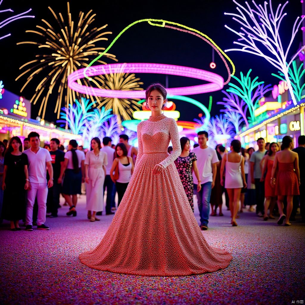 ,long dress,长裙,1girl,Funfair,New Year paintings,年画,光影,light and shadow