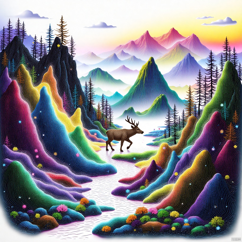 Chinese landscape painting,Lushan Mountain,artistic conception of mountains and waters,Zen aesthetics,Zen composition,architectural complex,clouds and mist,cliffs,pine trees,waterfalls,Giant animals,elk,looking up,rich lighting,high mountains,minimalism,ultimate details,unparalleled details,style by zhangdaqian,光影,light and shadow