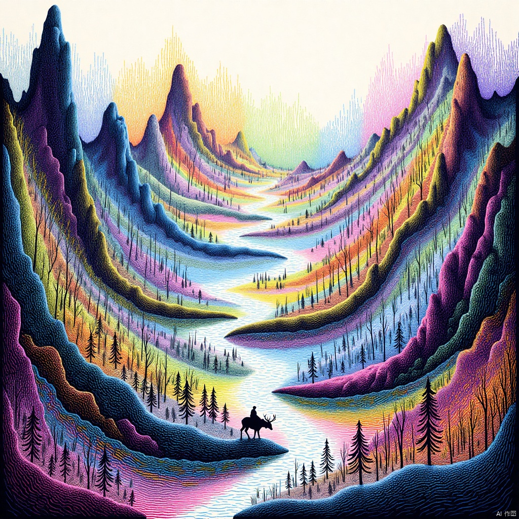 Chinese landscape painting,Lushan Mountain,artistic conception of mountains and waters,Zen aesthetics,Zen composition,architectural complex,clouds and mist,cliffs,pine trees,waterfalls,Giant animals,elk,looking up,rich lighting,high mountains,minimalism,ultimate details,unparalleled details,style by zhangdaqian,光影,light and shadow