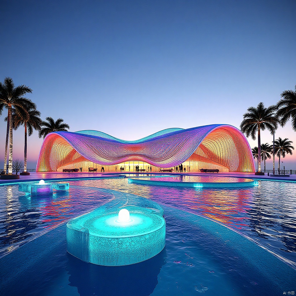 In this architectural landscape rendering, the building uses dopamine color matching, full of vitality and pleasure. The building functions as a beach party venue with a unique shape, like a liquefied sand dune winding to the sea. The building is mainly made of glass and metal, reflecting the sun and waves. In terms of environment, the fine sand beach, the turquoise water and the coconut trees in the distance complement each other. The lights bloom as night falls, creating a warm atmosphere. In this dreamlike weather, the sun and sea breeze add a touch of poetry to the picture. The whole scene is like a visual feast, intoxicating.(Dopamine color scheme liquid:1),(full body:0.8), ", "t5xxl": "In this architectural landscape rendering, the building uses dopamine color matching, full of vitality and pleasure. The building functions as a beach party venue with a unique shape, like a liquefied sand dune winding to the sea. The building is mainly made of glass and metal, reflecting the sun and waves. In terms of environment, the fine sand beach, the turquoise water and the coconut trees in the distance complement each other. The lights bloom as night falls, creating a warm atmosphere. In this dreamlike weather, the sun and sea breeze add a touch of poetry to the picture. The whole scene is like a visual feast, intoxicating.(Dopamine color scheme liquid:1),(full body:0.8),光影,light and shadow,雪花,snowflakes