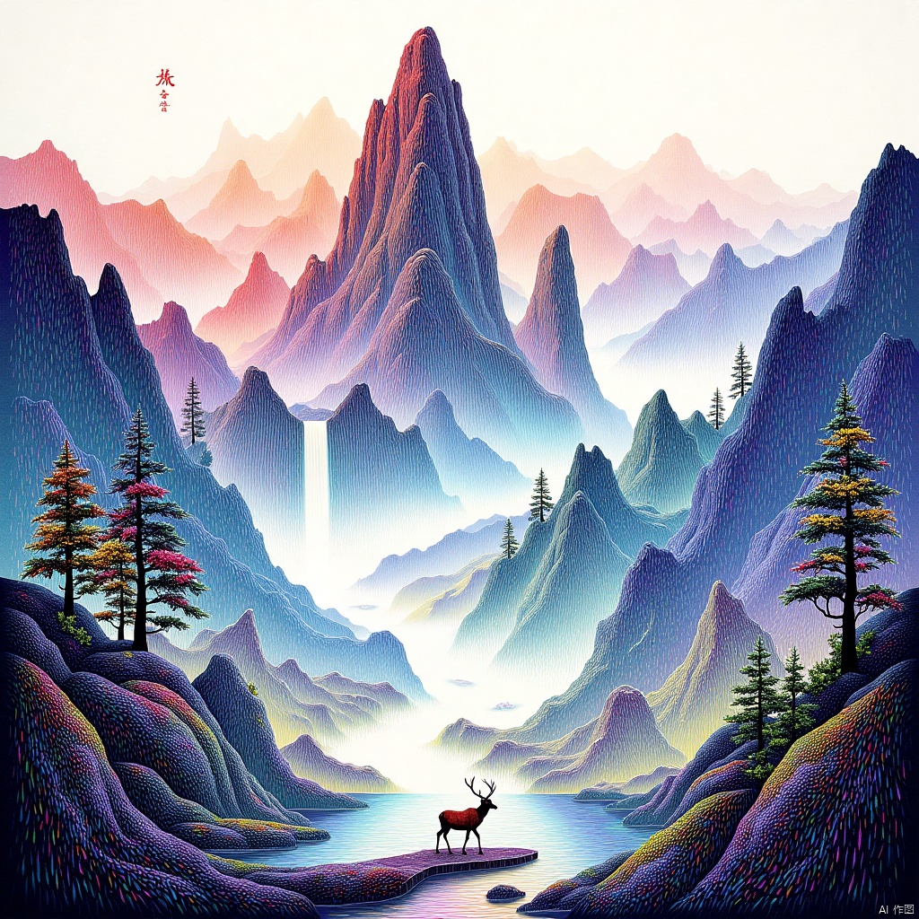 Chinese landscape painting,Lushan Mountain,artistic conception of mountains and waters,Zen aesthetics,Zen composition,architectural complex,clouds and mist,cliffs,pine trees,waterfalls,Giant animals,elk,looking up,rich lighting,high mountains,minimalism,ultimate details,unparalleled details,style by zhangdaqian,光影,light and shadow