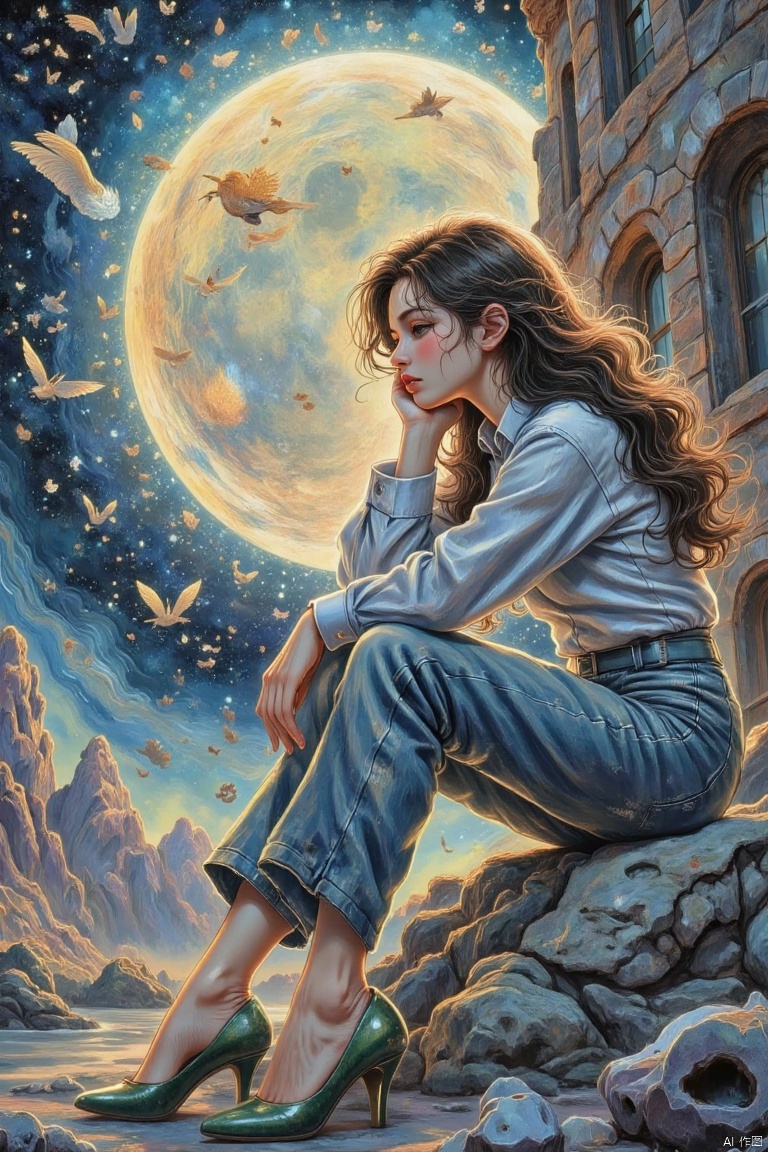 A dramatic, surreal image: A distraught girl, dressed in light blue business attire and olive green heels, sits in the corner of a towering building, her backlit by the glow of a full moon. Three-quarter profile, she gazes down at the broken feathers of massive wings that hang limply around her, their holes and scattered plumage creating an eerie atmosphere. Her long, curly hair falls like a curtain, while a large band-aid wraps around the injured quill. Tears stream down her face as she surveys the damage.