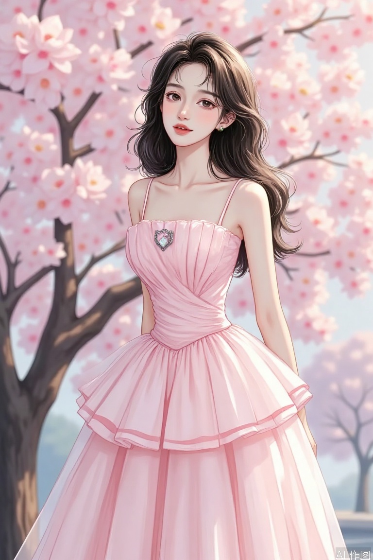 The image depicts a young woman standing in front of a background of cherry blossom trees. She is wearing a light pink dress with thin straps and a decorative brooch on the chest. Her hair is styled in loose waves, and she has a serene expression. The cherry blossoms are in full bloom, creating a soft, pastel atmosphere. The overall scene has a dreamy, ethereal quality, with the light filtering through the blossoms casting gentle shadows.