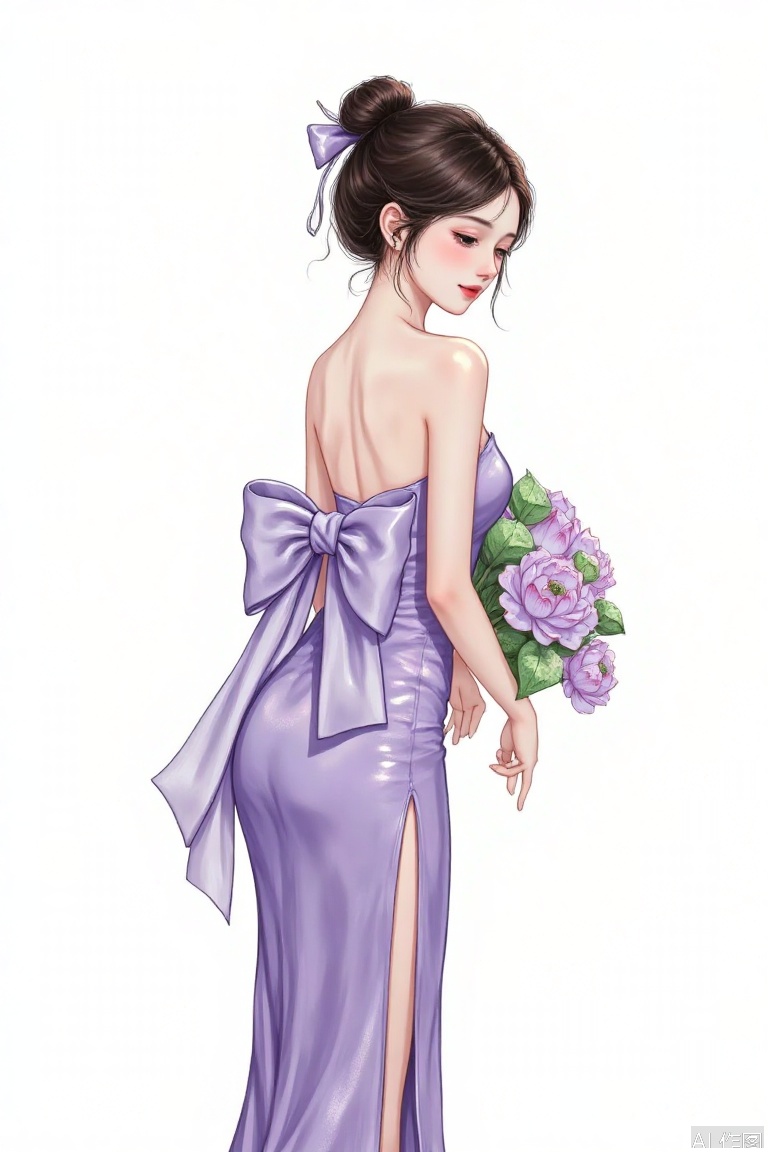 The image depicts a young woman with long, dark brown hair tied into a ponytail with a purple bow. She is wearing a strapless lavender dress with a large bow at the back. She is holding a bouquet of purple flowers with green leaves in her hands. The background is plain white, which makes the woman and her attire stand out prominently.