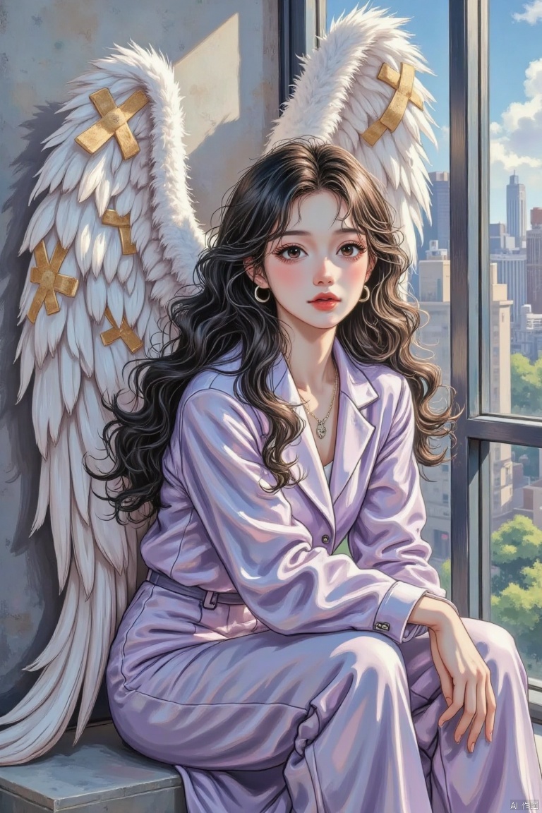 A portrait of a girl with long curly hair. She is sitting in a corner of a high-rise building. She is wearing lavender business clothes and silver-gray high-heeled shoes. There is a super huge wing behind her back. The wings are hanging down and there are huge band-aids on the wings. She is decadent, sad, and has big eyes. tears, facial features carved