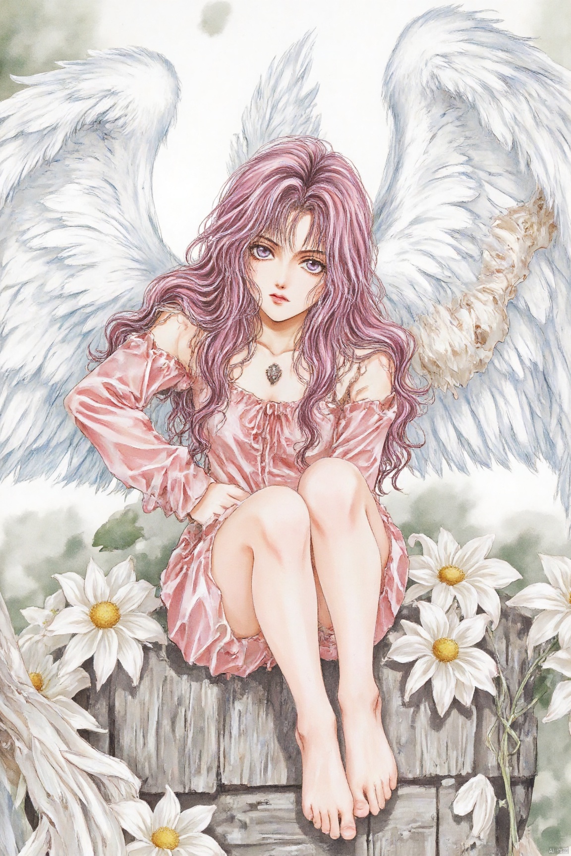 A plush-style illustration of a charming young girl with long, curly pink hair, donning a sweet pink off-the-shoulder sweater. She sits perched high above the ground, gazing upwards with an air of wistfulness. Her soles are visible, as if she's precariously balanced on the edge. Behind her, enormous wings stretch out, their feathers in disarray and covered by a large bandage, conveying a sense of neglect and sorrow. The overall aesthetic is one of whimsy and melancholy, inviting the viewer to peer into this tender scene.