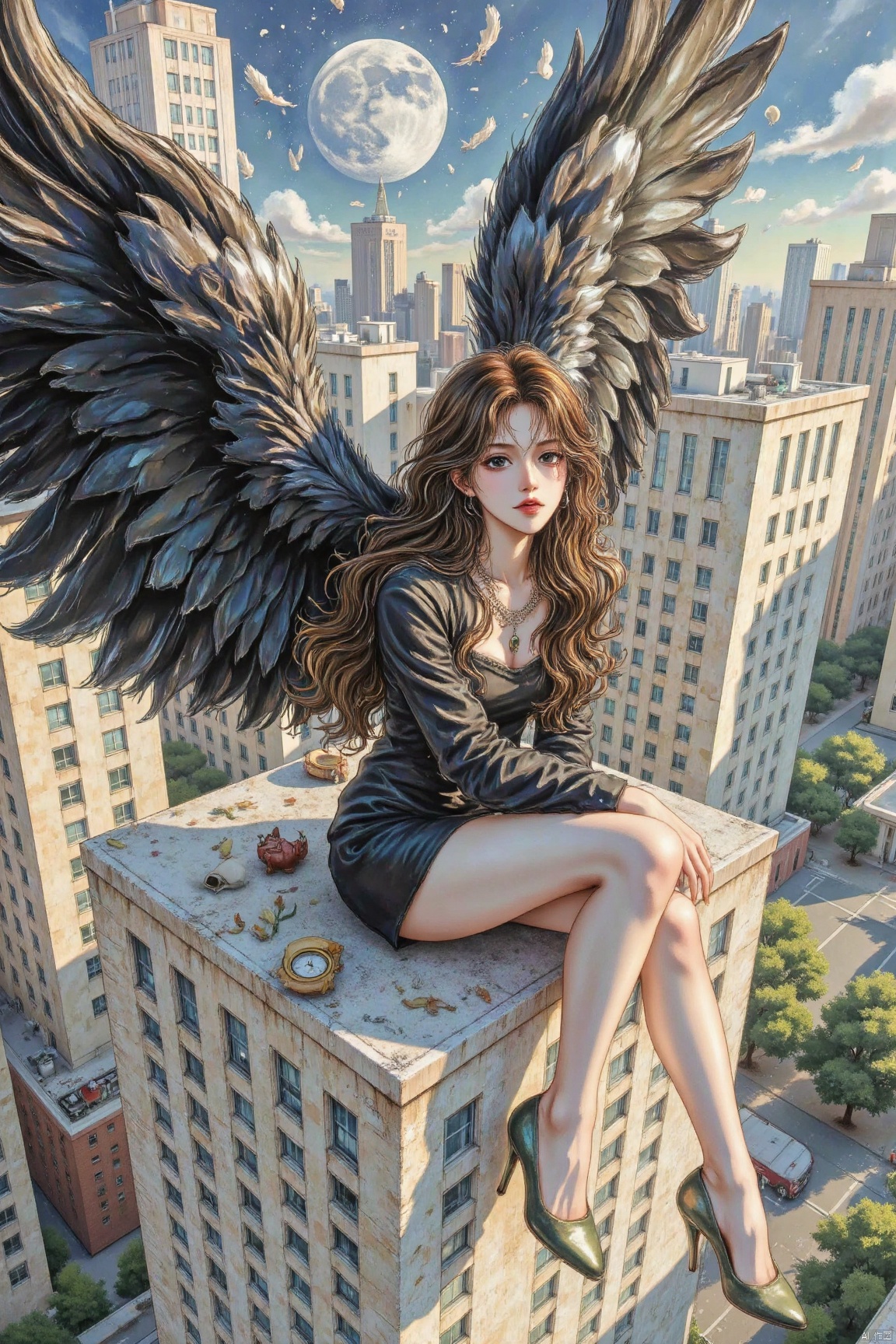 A visually impactful picture, a decadent girl wearing light black business attire and light olive green high heels, shot from above, three-quarter profile, sitting in the corner of a tall building, with huge wings down, and holes in the wings. Broken feathers, feathers falling in the wind, long curly hair, huge band-aid on the feathers, crying look, a huge full moon,Tilt up, huge band aid, wings down, embrace yourself,shoe soles