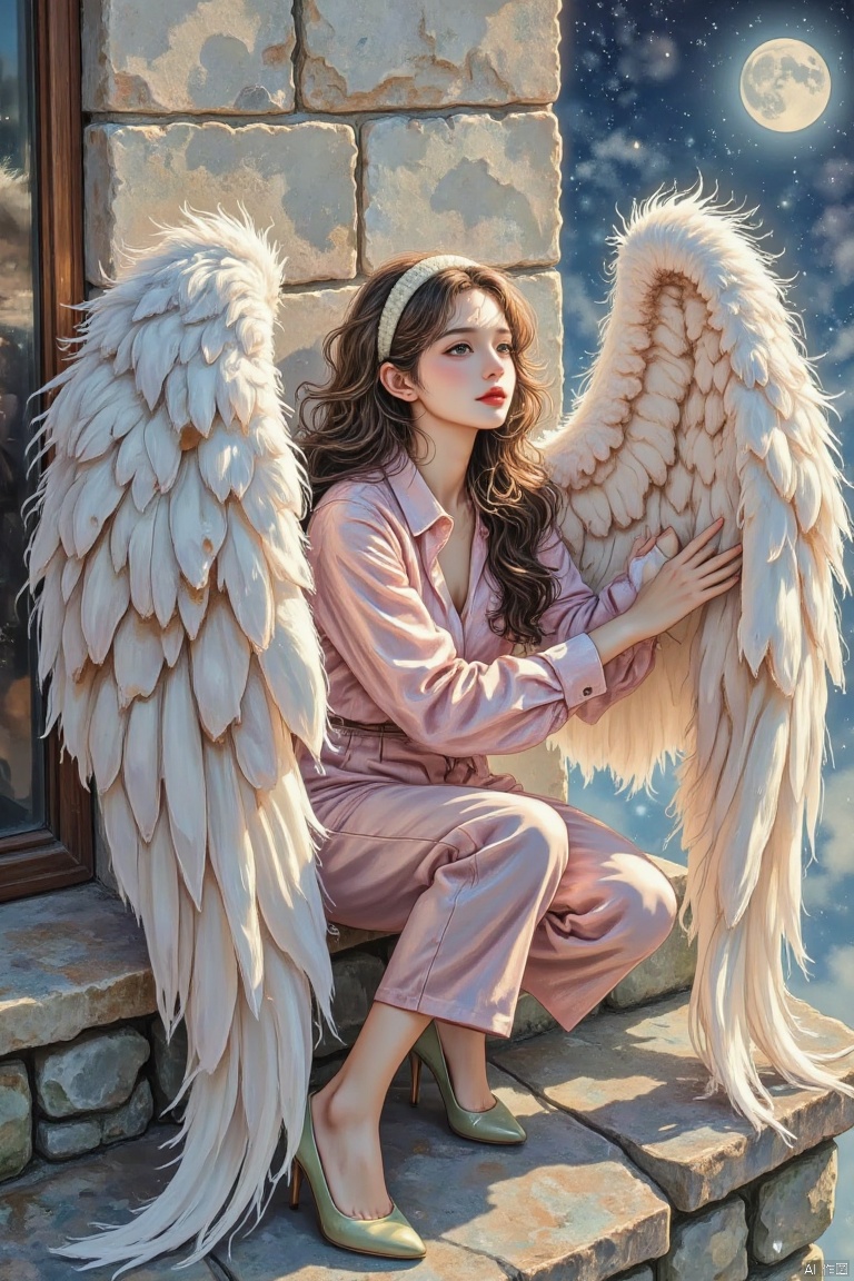 A visually impactful picture, a decadent girl wearing light pink business attire and light olive green high heels, shot from above, three-quarter profile, sitting in the corner of a tall building, with huge wings down, and holes in the wings. Broken feathers, feathers falling in the wind, long curly hair, huge band-aid on the feathers, crying look, a huge full moon,Tilt up, huge band aid, wings down, embrace yourself