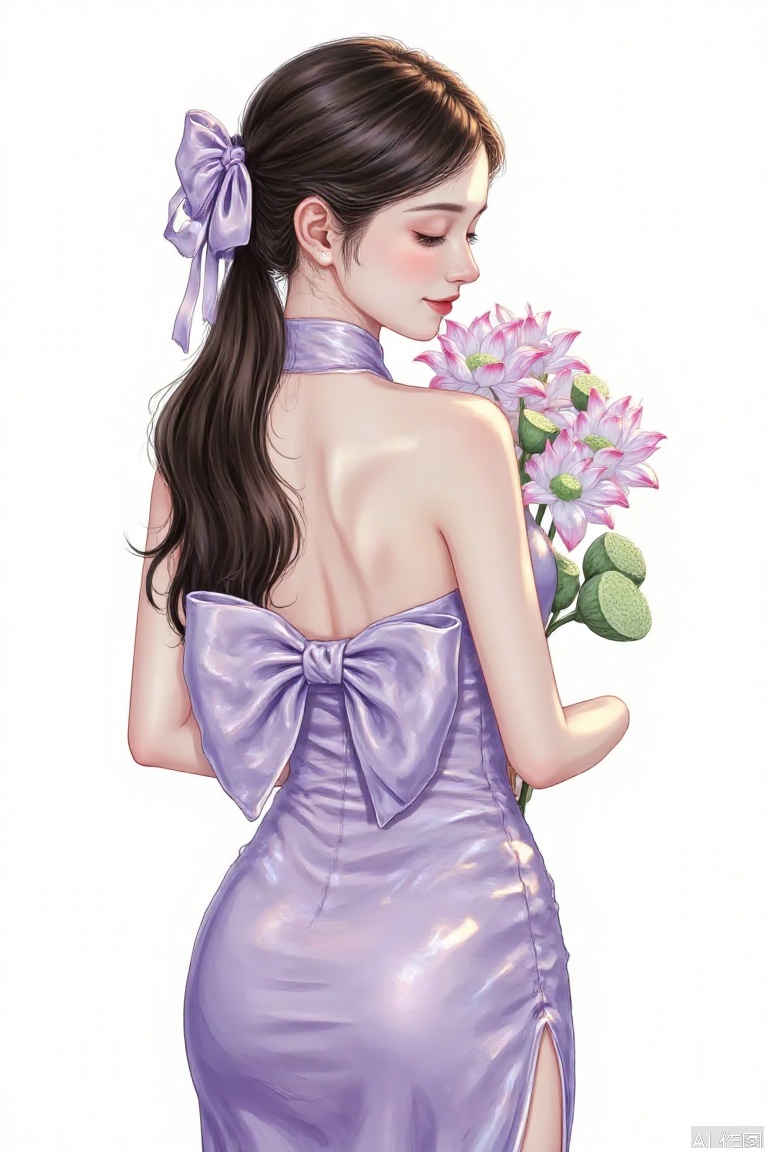 The image depicts a young woman with long, dark brown hair tied into a ponytail with a purple bow. She is wearing a strapless lavender dress with a large bow at the back. She is holding a bouquet of purple flowers with green leaves in her hands. The background is plain white, which makes the woman and her attire stand out prominently.