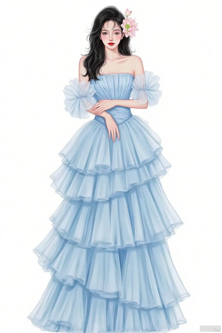 The image depicts a young woman dressed in an elegant, light blue ball gown. The gown features multiple layers of ruffled fabric, giving it a voluminous and graceful appearance. The woman has her hair styled in loose waves, adorned with a light pink flower accessory. Her makeup is subtle yet striking, with a pink blush on her cheeks and red lipstick. The background is plain white, which helps to highlight the subject and her attire.