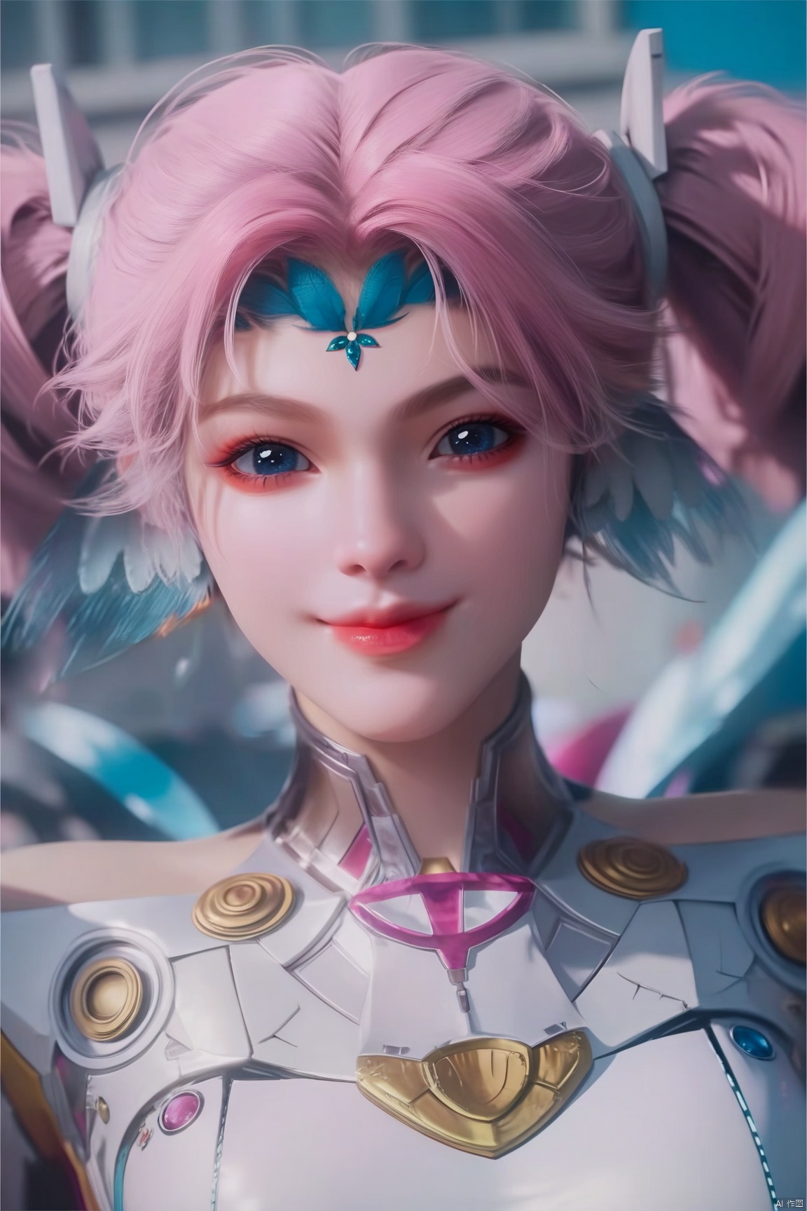 score_9_up,score_8_up,score_7_up,(Masterpiece, Best Quality, Photorealistic, High Resolution, 8K Raw), 
1girl, solo, looking at viewer, smile, short hair, blue eyes, closed mouth, upper body, pink hair, lips, makeup