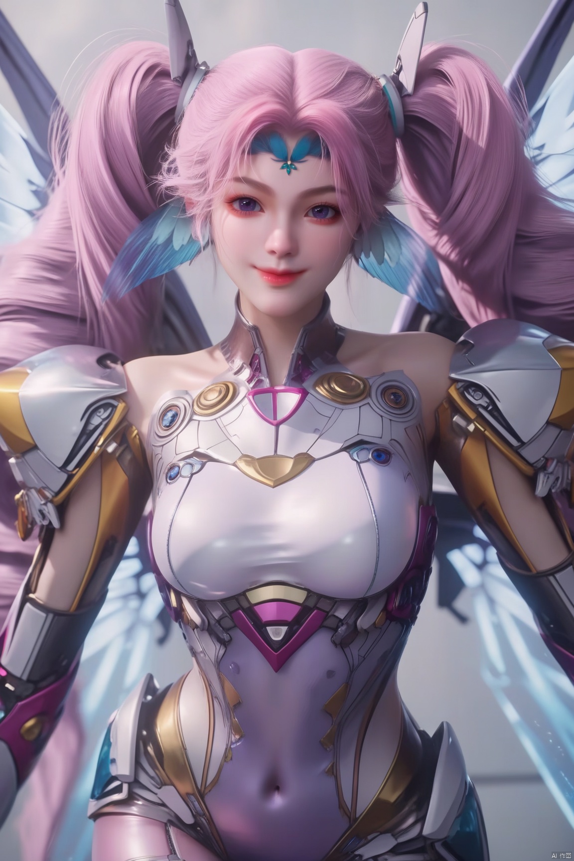 score_9_up,score_8_up,score_7_up,(Masterpiece, Best Quality, Photorealistic, High Resolution, 8K Raw), 
1girl, solo, long hair, breasts, looking at viewer, smile, blue eyes, gloves, bare shoulders, twintails, medium breasts, closed mouth, purple eyes, weapon, pink hair, cowboy shot, wings, hand up, leotard, bodysuit, covered navel, makeup, drill hair, mechanical wings