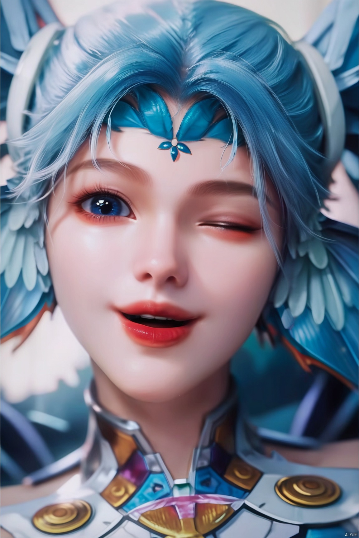 score_9_up,score_8_up,score_7_up,(Masterpiece, Best Quality, Photorealistic, High Resolution, 8K Raw), 
1girl, solo, looking at viewer, smile, open mouth, blue eyes, blue hair, parted lips, one eye closed, lips, head wings, portrait, red lips, head fins