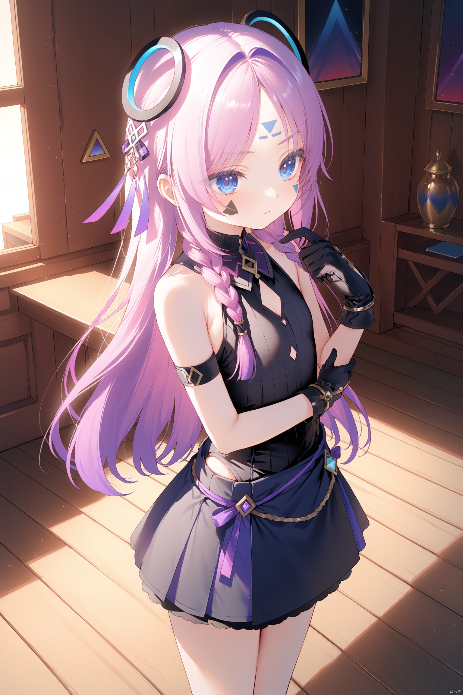 masterpiece,best quality,illustration,dark style,[Artist miwano rag],[Artist toosaka asagi],[Artist wlop],[Artist chen bin], 1girls, solo,loli,loli,loli, (little_girl:1.2),petite:1.1,  long hair, bangs, blue eyes, hair ornament, gloves, holding, bare shoulders, closed mouth,Forehead tattoo, cheek tattoo, triangle tattoo, pink hair, purple hair, braid, multicolored hair, black gloves, wooden room,standing,citlali\(genshin impact\),