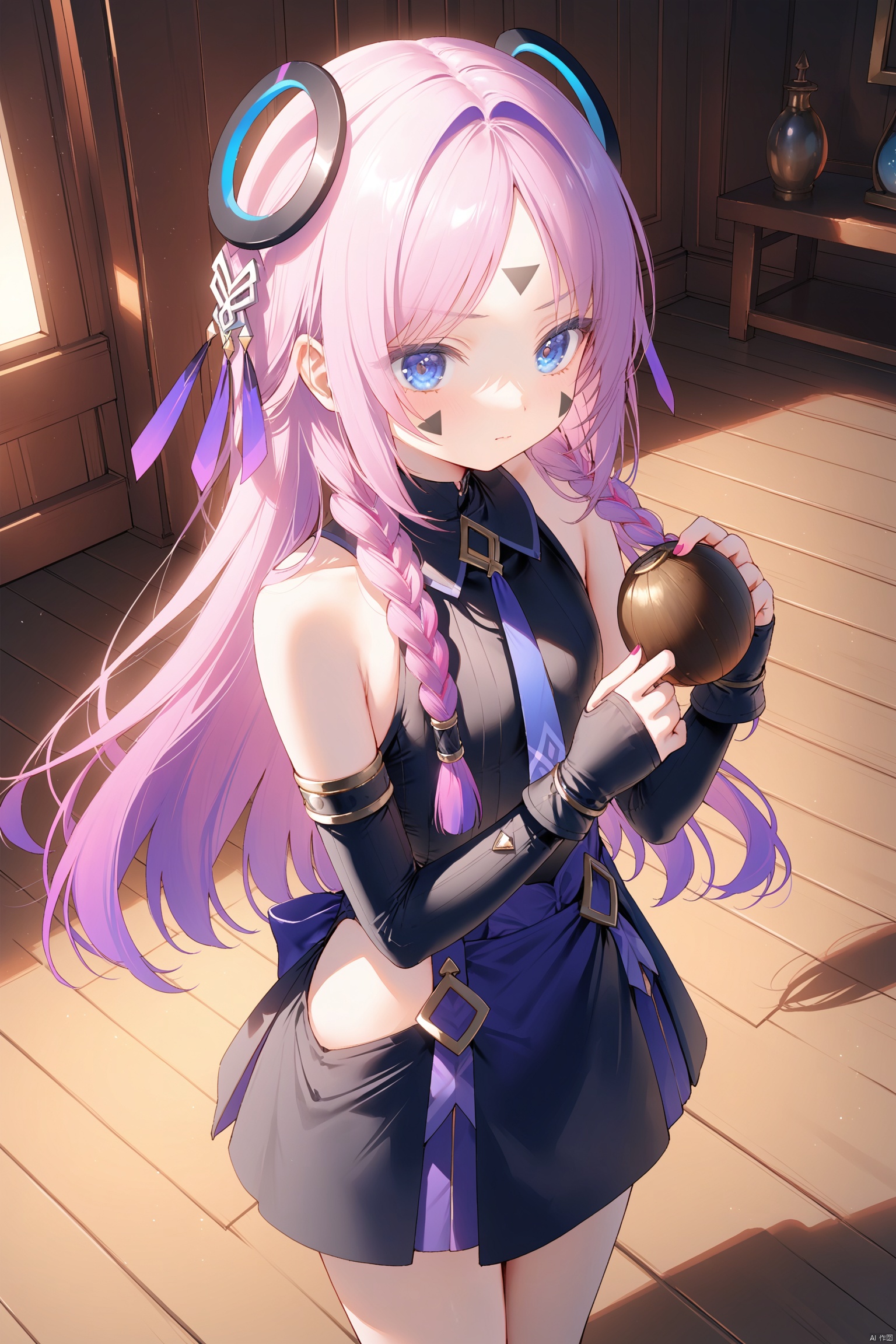 masterpiece,best quality,illustration,dark style,[Artist miwano rag],[Artist toosaka asagi],[Artist wlop],[Artist chen bin], 1girls, solo,loli,loli,loli, (little_girl:1.2),petite:1.1,  long hair, bangs, blue eyes, hair ornament, gloves, holding, bare shoulders, closed mouth,Forehead tattoo, cheek tattoo, triangle tattoo, pink hair, purple hair, braid, multicolored hair, black gloves, wooden room,standing,citlali\(genshin impact\),