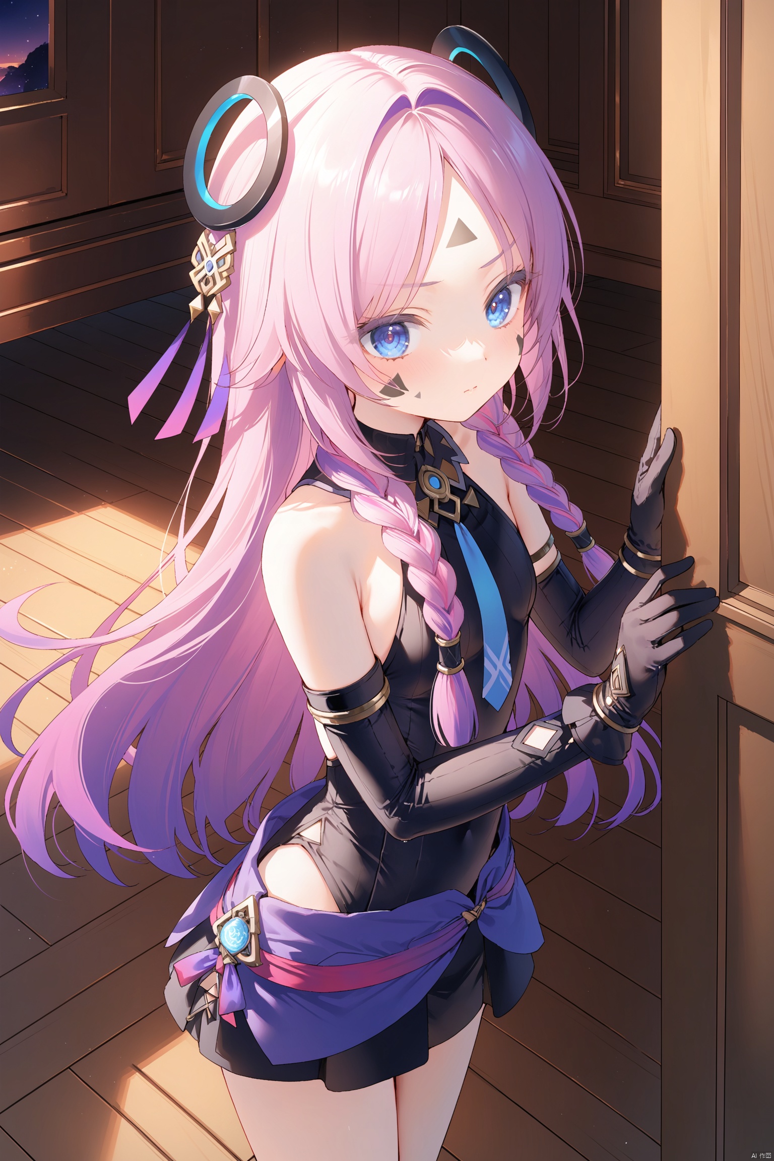 masterpiece,best quality,illustration,dark style,[Artist miwano rag],[Artist toosaka asagi],[Artist wlop],[Artist chen bin], 1girls, solo,loli,loli,loli, (little_girl:1.2),petite:1.1,  long hair, bangs, blue eyes, hair ornament, gloves, holding, bare shoulders, closed mouth,Forehead tattoo, cheek tattoo, triangle tattoo, pink hair, purple hair, braid, multicolored hair, black gloves, wooden room,standing,citlali\(genshin impact\),
