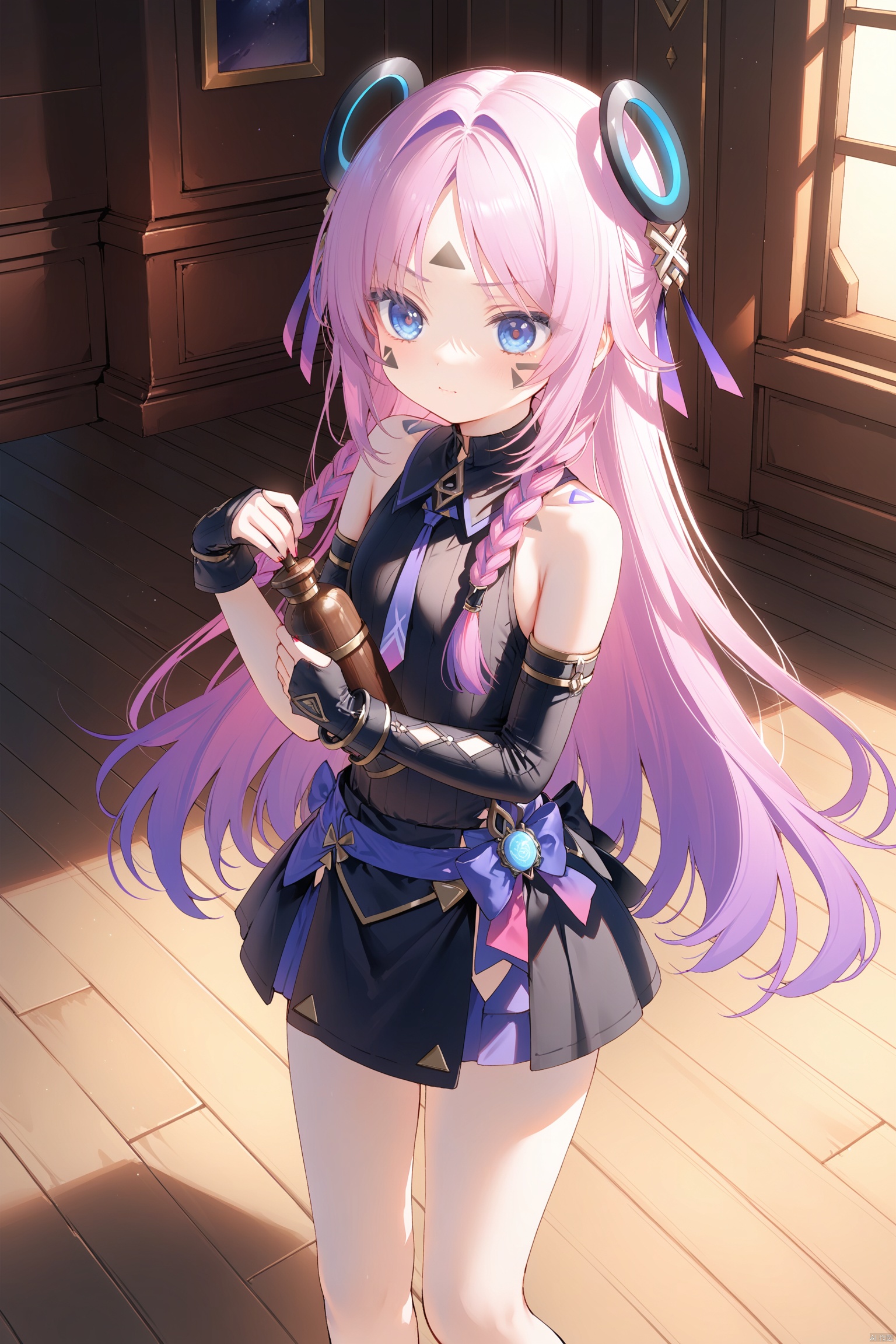 masterpiece,best quality,illustration,dark style,[Artist miwano rag],[Artist toosaka asagi],[Artist wlop],[Artist chen bin], 1girls, solo,loli,loli,loli, (little_girl:1.2),petite:1.1,  long hair, bangs, blue eyes, hair ornament, gloves, holding, bare shoulders, closed mouth,Forehead tattoo, cheek tattoo, triangle tattoo, pink hair, purple hair, braid, multicolored hair, black gloves, wooden room,standing,citlali\(genshin impact\),