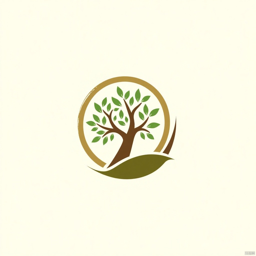 A soft, organic logo featuring a stylized tree with flowing, curved branches and delicate leaves, surrounded by a circular frame of earthy tones like green, brown, and beige. The composition is balanced and harmonious, with a natural, hand-drawn aesthetic. Subtle textures like wood grain and leaf veins add depth and authenticity. The background is plain, ensuring focus on the serene, nature-inspired design. The logo is warm, inviting, and perfect for an eco-friendly or outdoor brand.