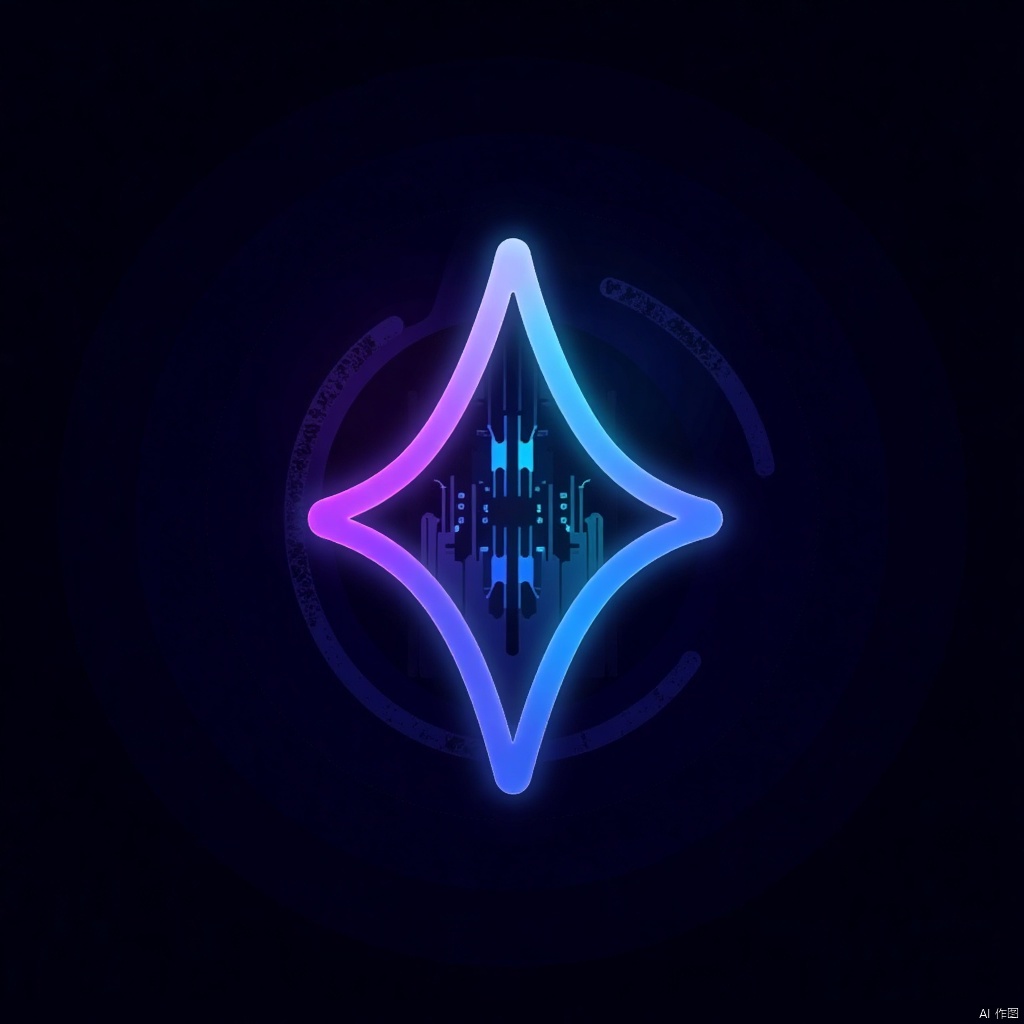 A sleek, futuristic logo featuring a glowing, geometric shape with sharp, angular lines and a metallic gradient finish. The composition is clean and centered, with a dark background and vibrant neon blue and purple accents. Subtle circuit patterns and digital grids are integrated into the design, creating a high-tech aesthetic. The overall look is minimal, modern, and highly functional, ideal for a technology-focused brand.