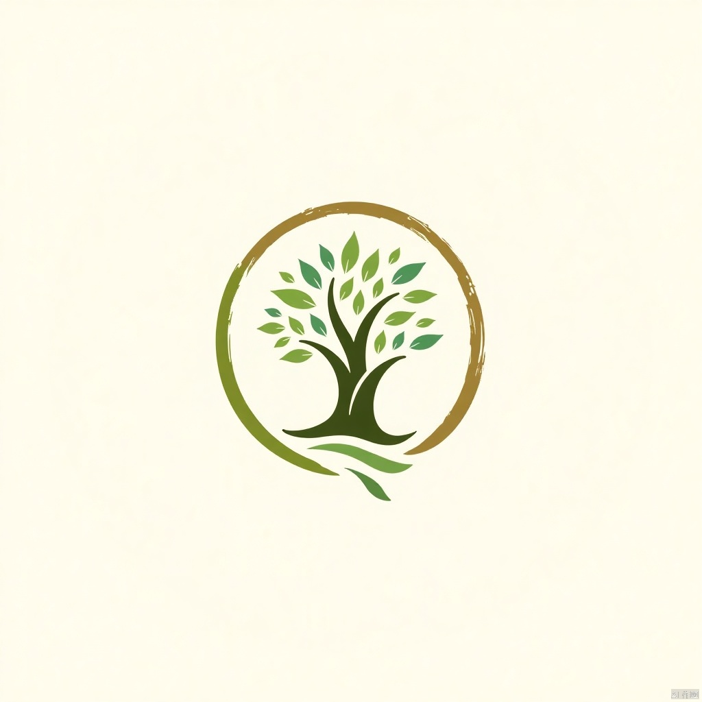 A soft, organic logo featuring a stylized tree with flowing, curved branches and delicate leaves, surrounded by a circular frame of earthy tones like green, brown, and beige. The composition is balanced and harmonious, with a natural, hand-drawn aesthetic. Subtle textures like wood grain and leaf veins add depth and authenticity. The background is plain, ensuring focus on the serene, nature-inspired design. The logo is warm, inviting, and perfect for an eco-friendly or outdoor brand.